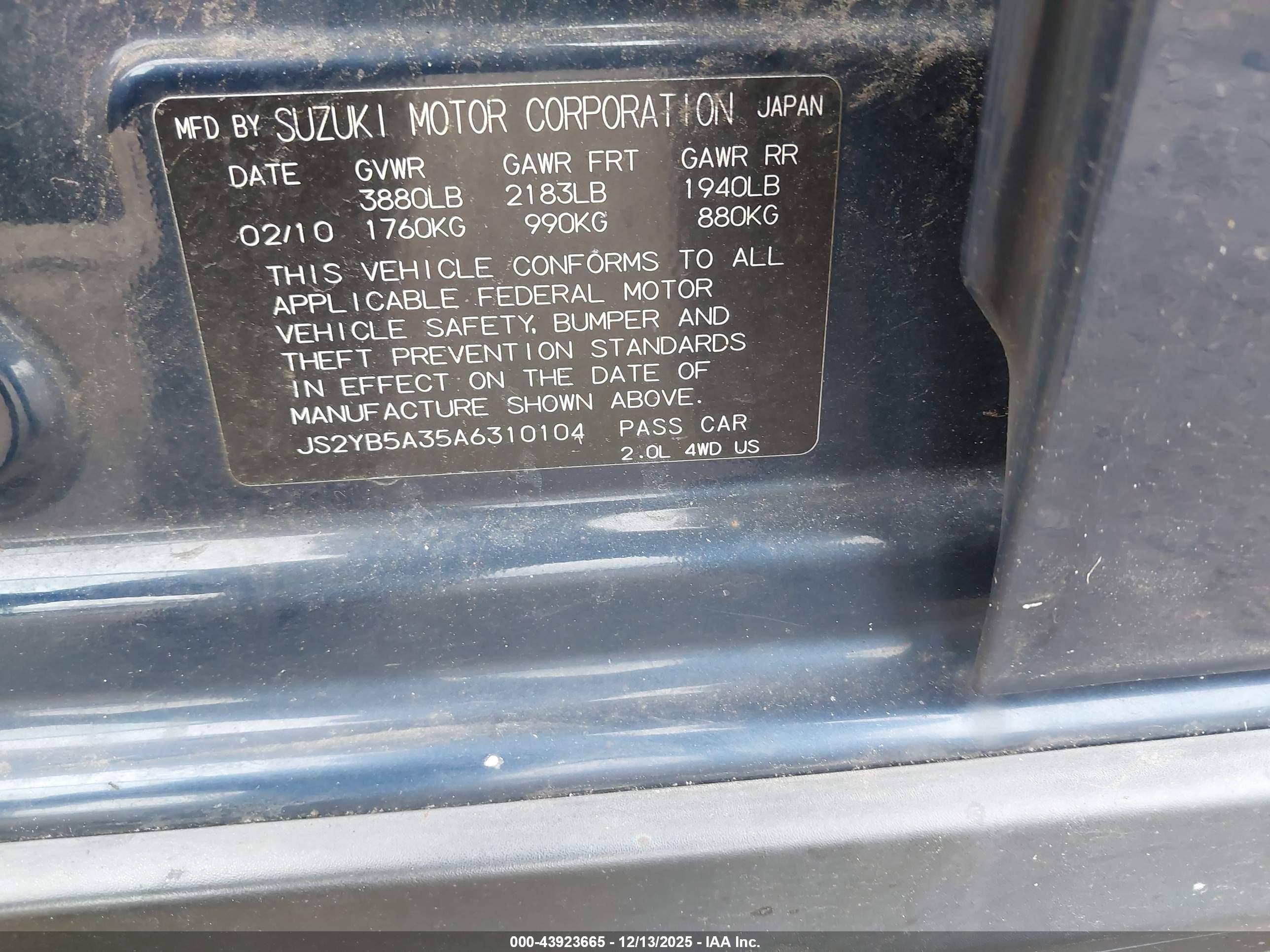 2010 Suzuki Sx4 Technology Blue vin: JS2YB5A35A6310104
