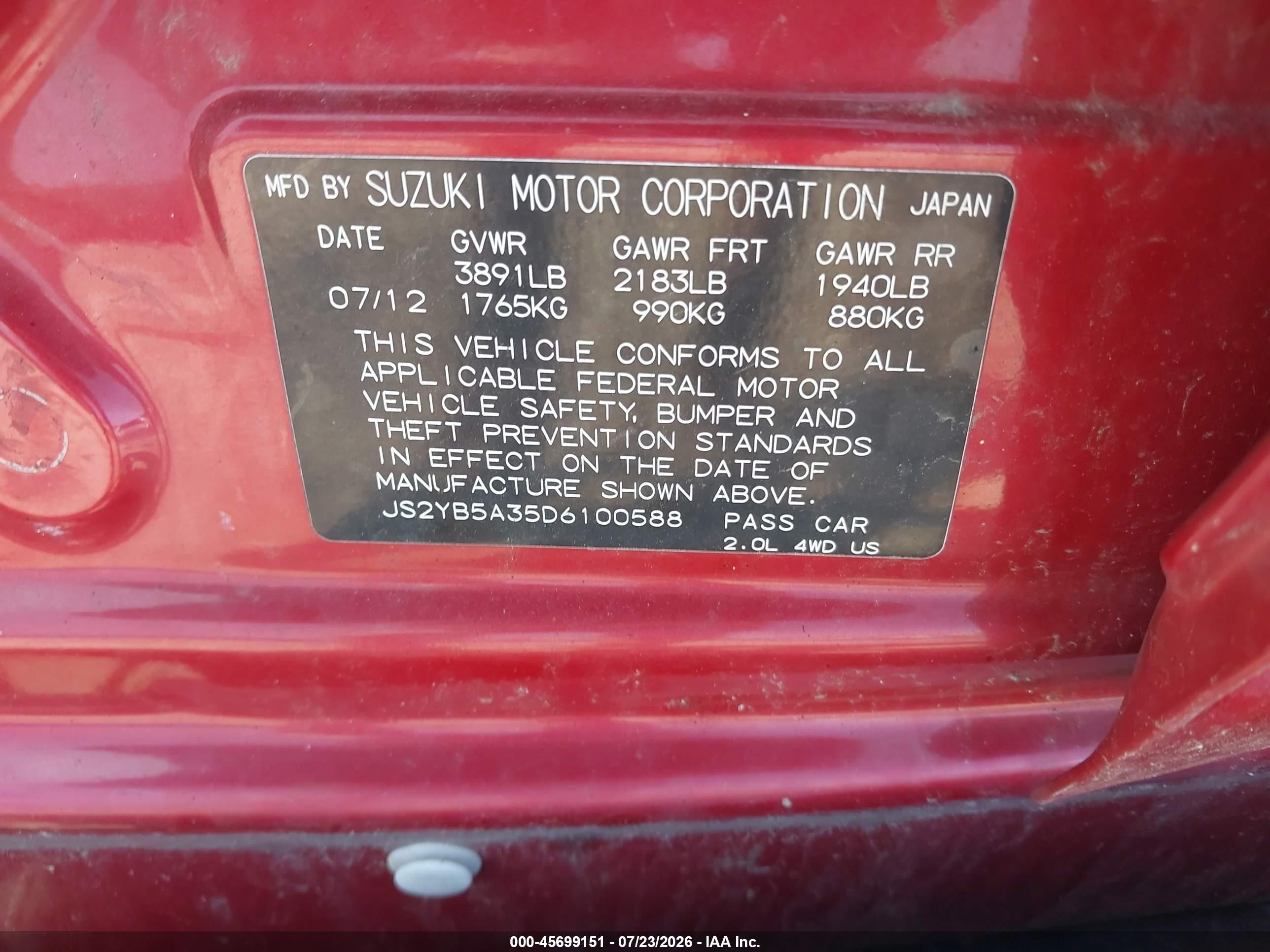 2013 Suzuki Sx4 Premium Red vin: JS2YB5A35D6100588