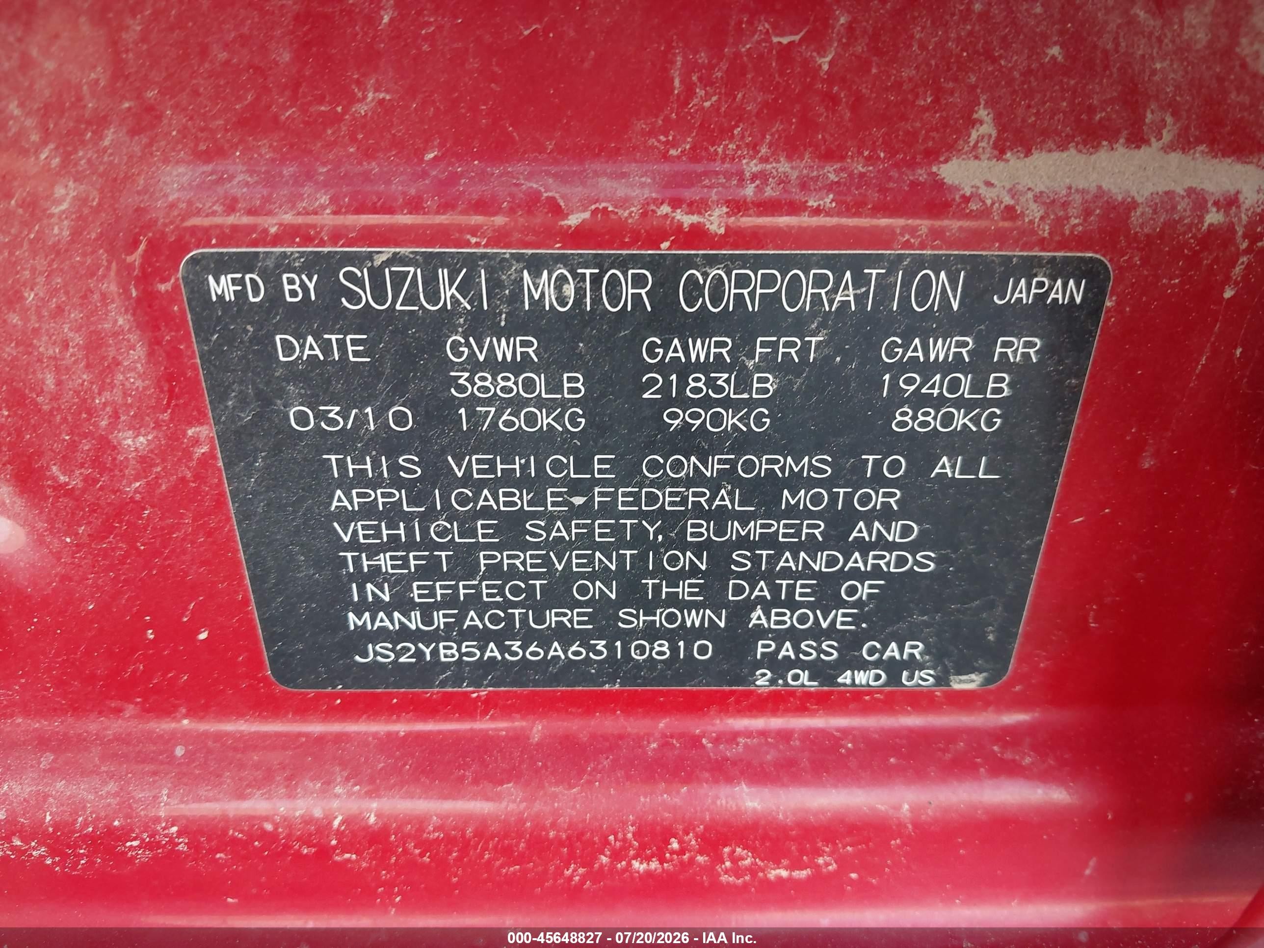 2010 Suzuki Sx4 Technology Red vin: JS2YB5A36A6310810