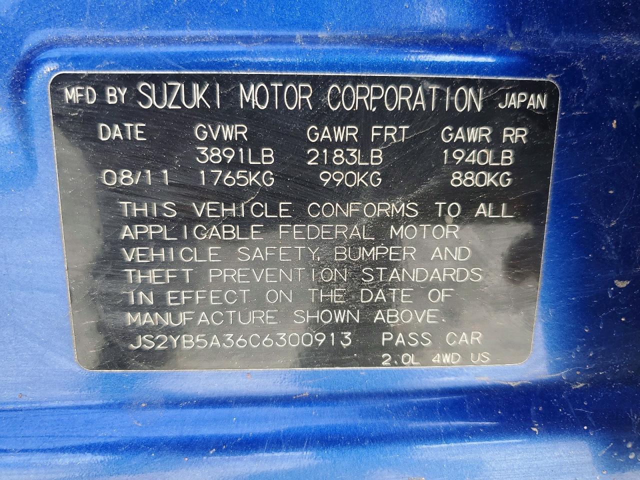 2012 Suzuki Sx4 Blue vin: JS2YB5A36C6300913