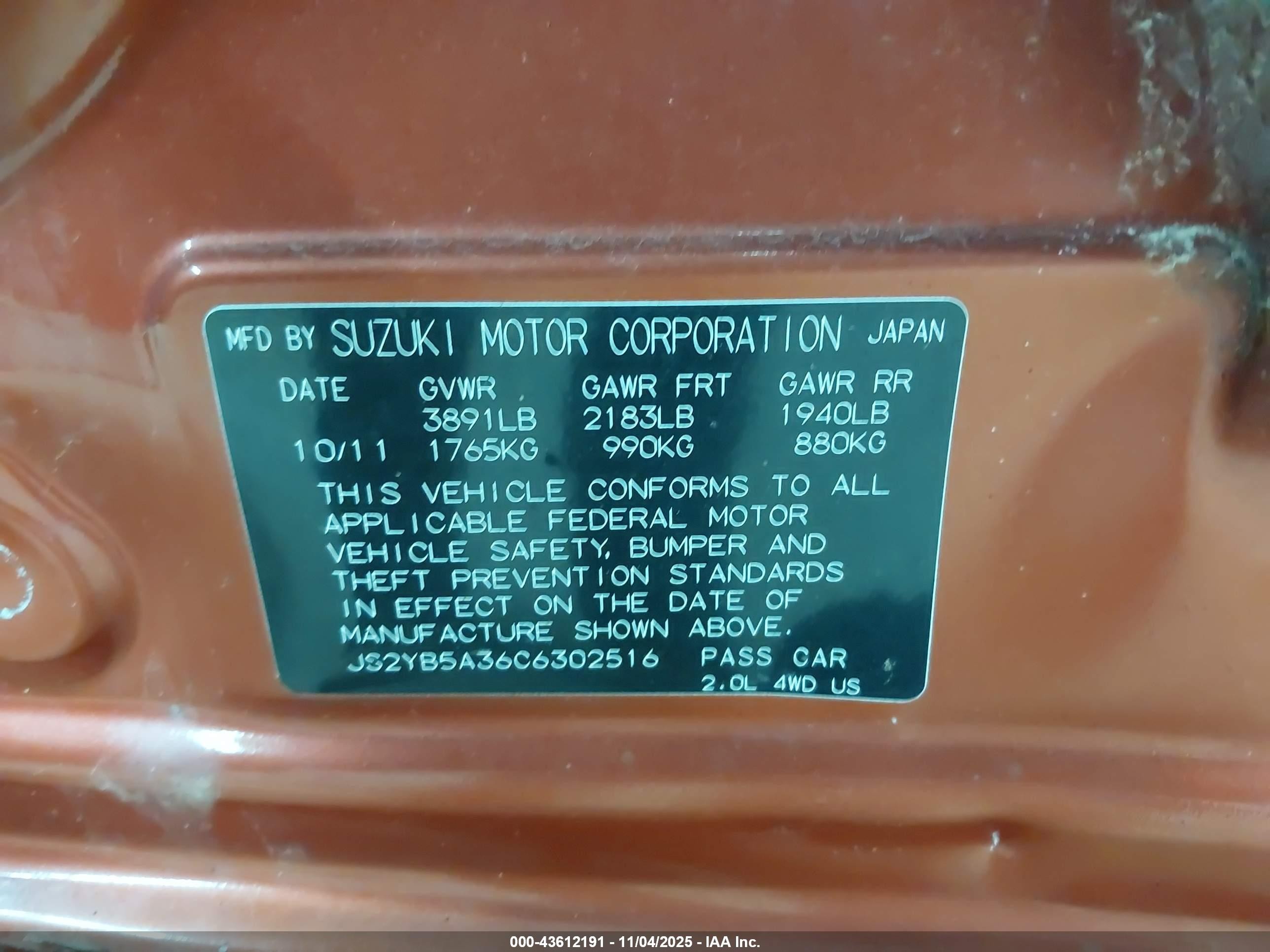 2012 Suzuki Sx4   Orange vin: JS2YB5A36C6302516