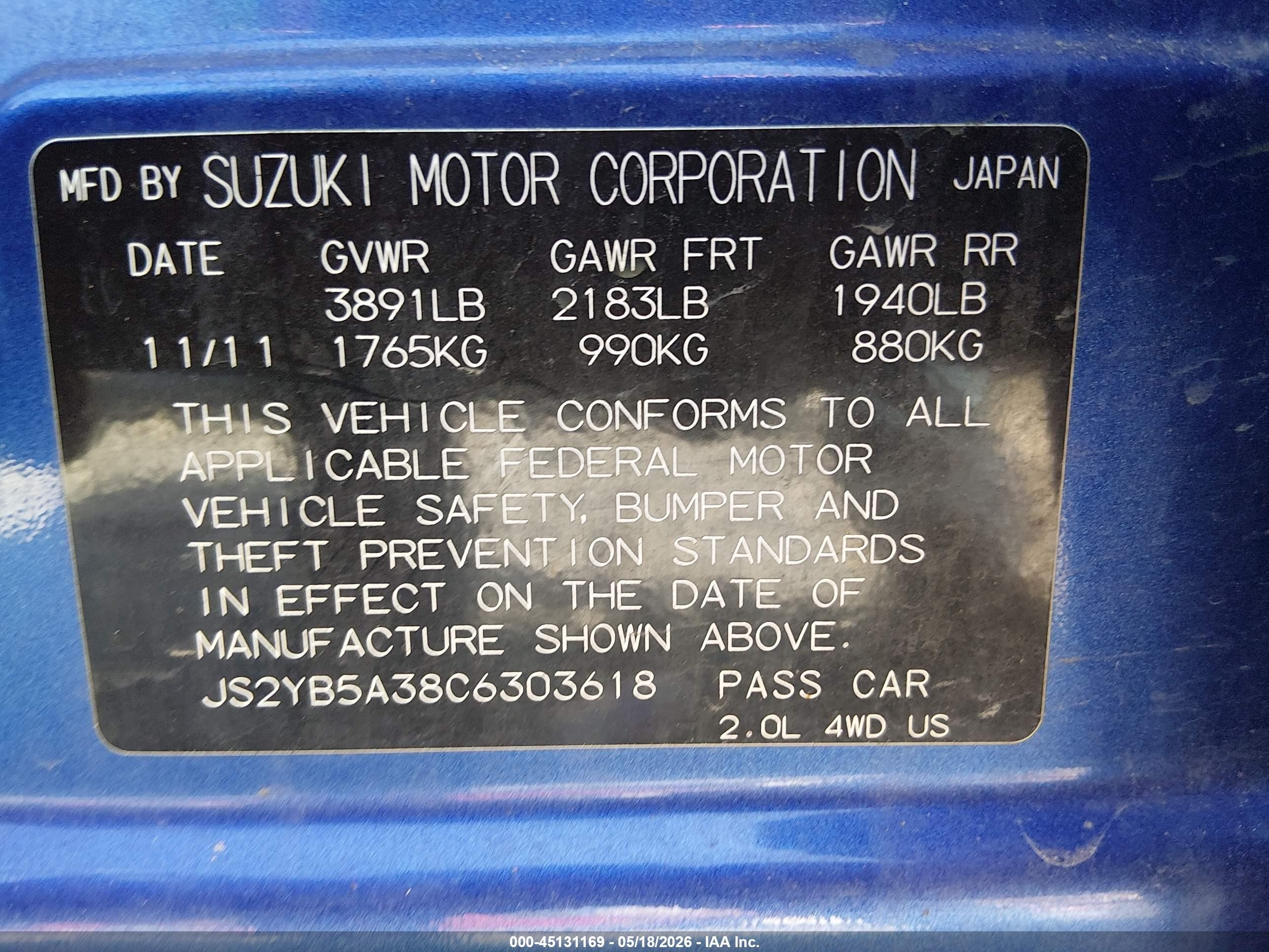 2012 Suzuki Sx4 Premium/tech Valu Pkg (nav) Blue vin: JS2YB5A38C6303618