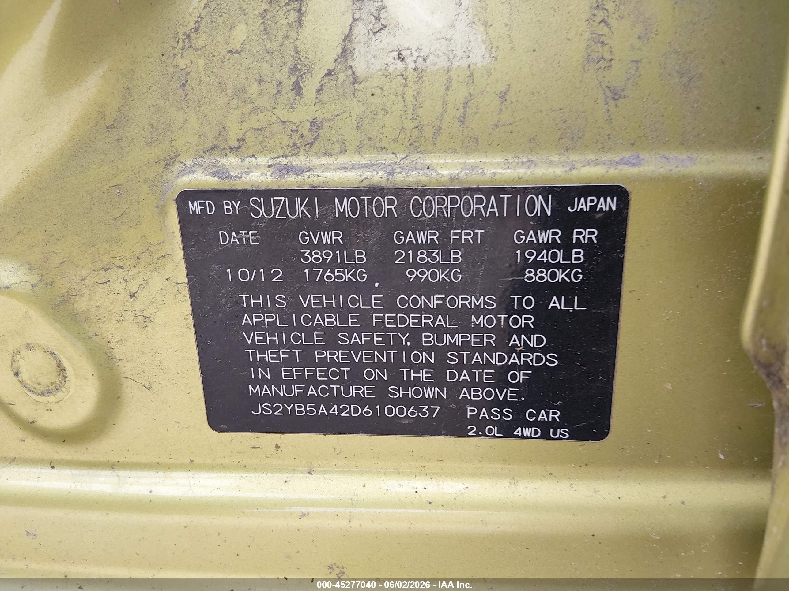 2013 Suzuki Sx4 Tech Valu Pkg (nav) Green vin: JS2YB5A42D6100637