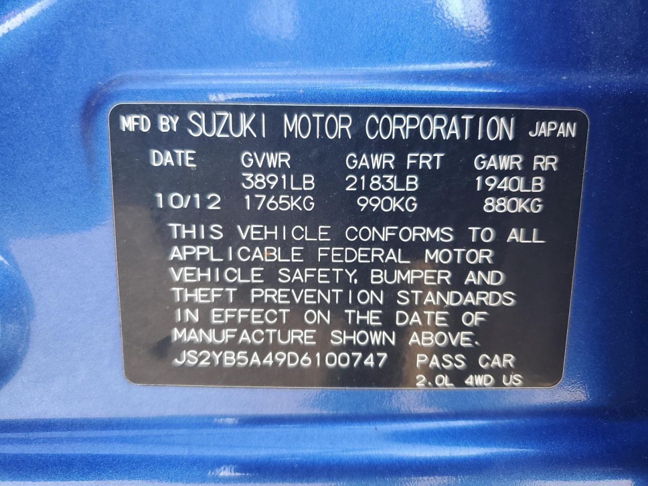 2013 Suzuki Sx4 Technology Blue vin: JS2YB5A49D6100747