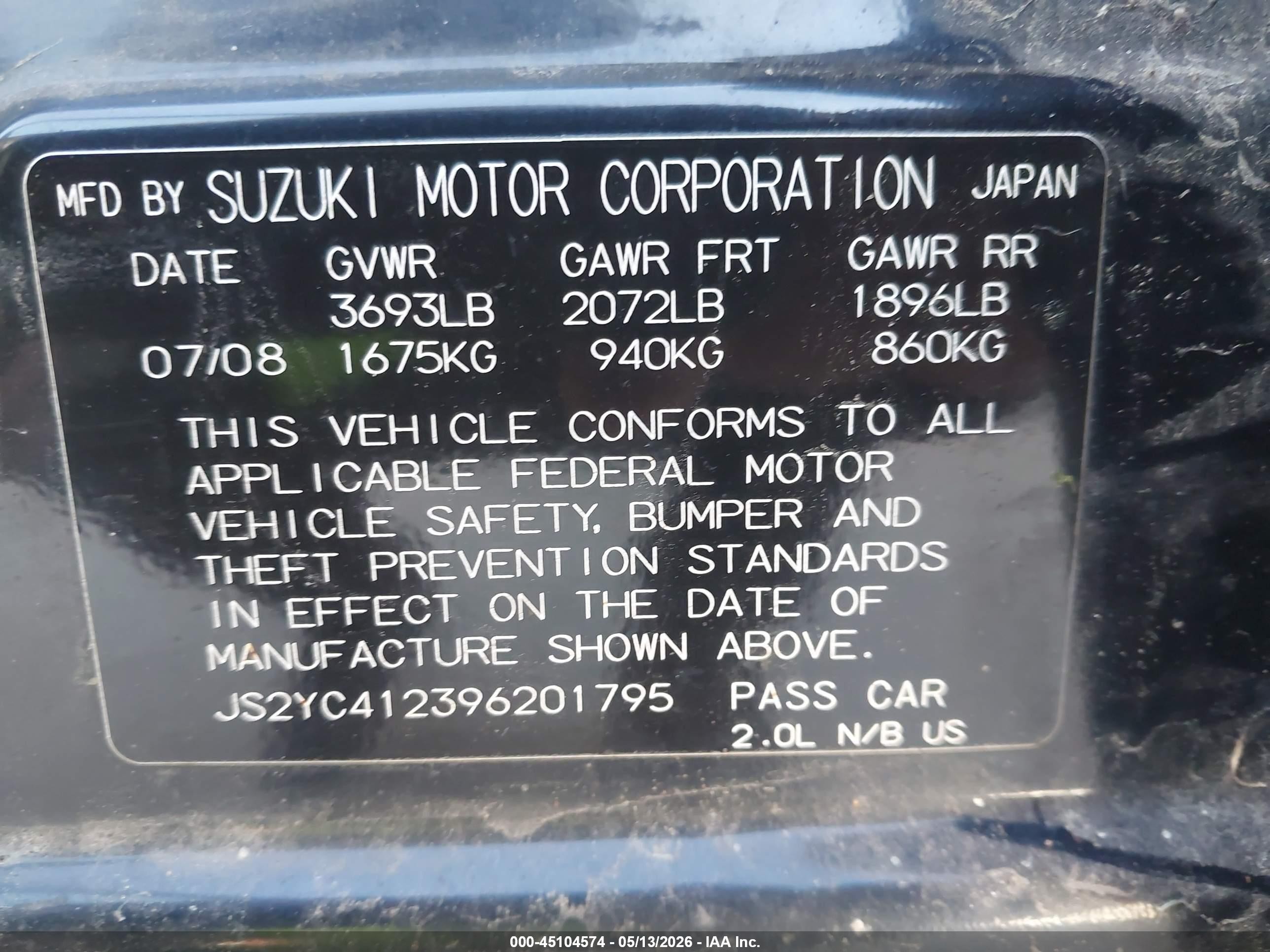2009 Suzuki Sx4 Le/le Popular Black vin: JS2YC412396201795
