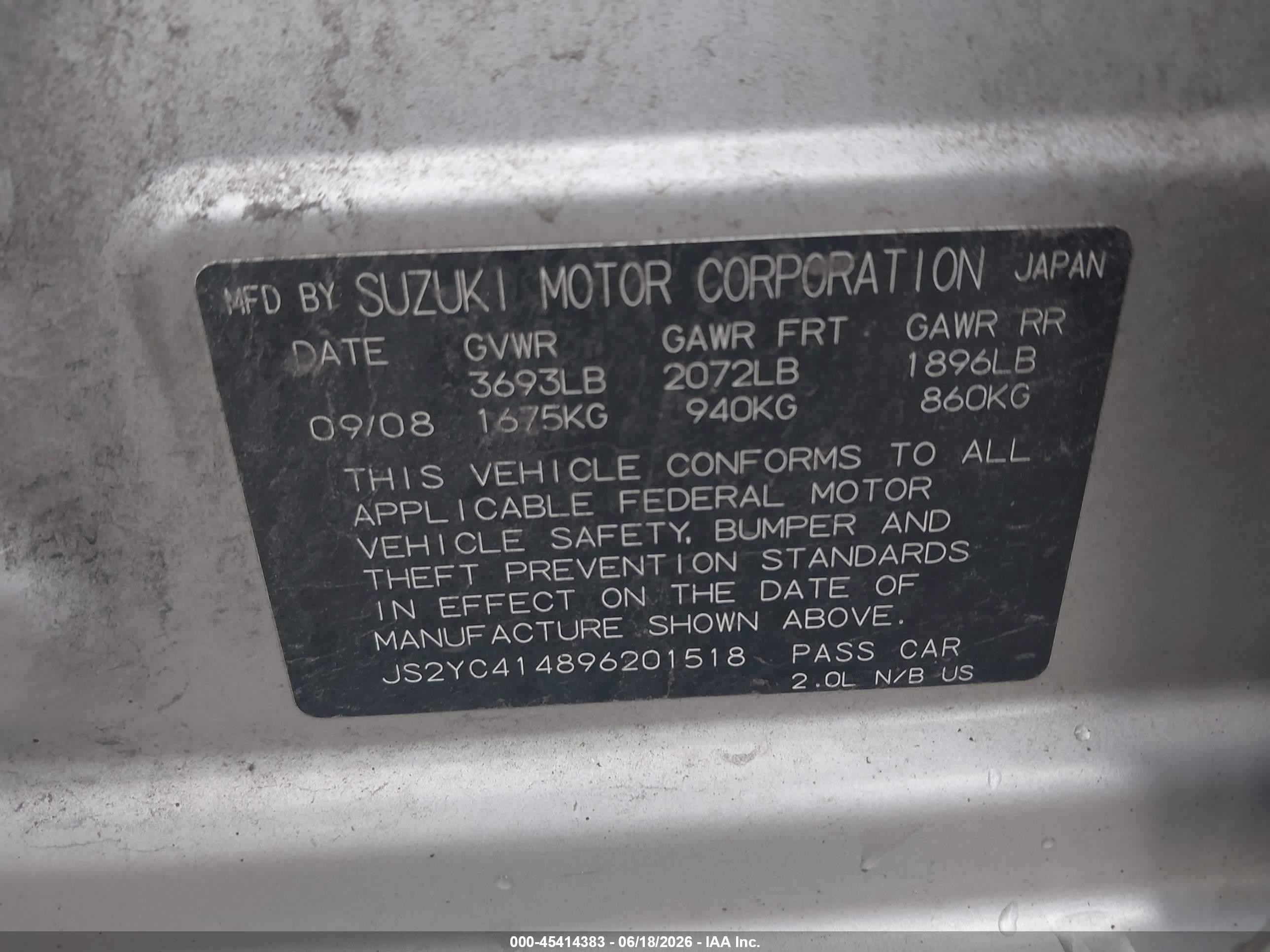 2009 Suzuki Sx4 Sport/sport Technology Gray vin: JS2YC414896201518