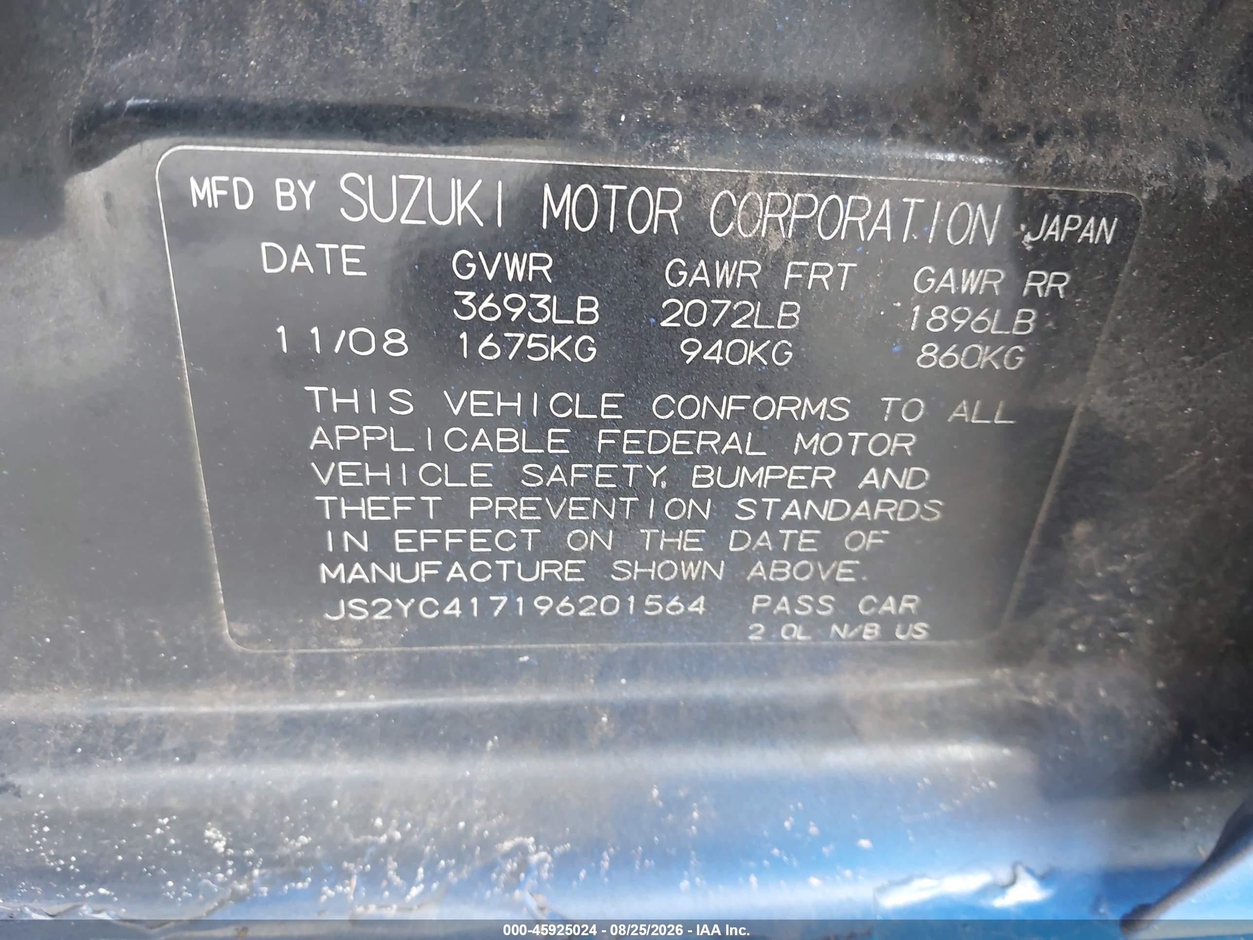 2009 Suzuki Sx4 Touring Blue vin: JS2YC417196201564