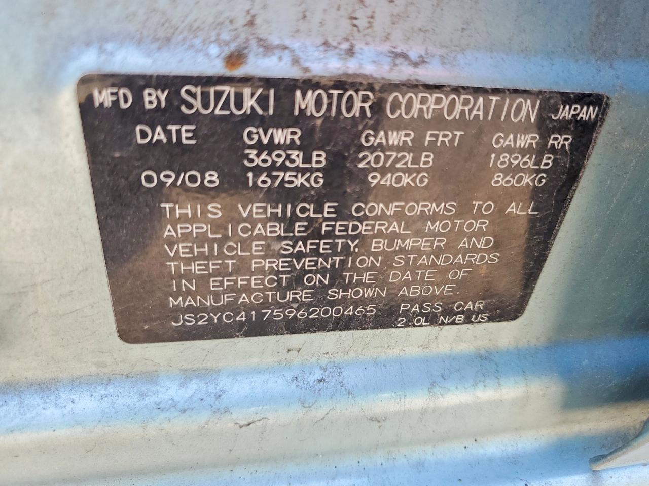 2009 Suzuki Sx4 Touring Blue vin: JS2YC417596200465