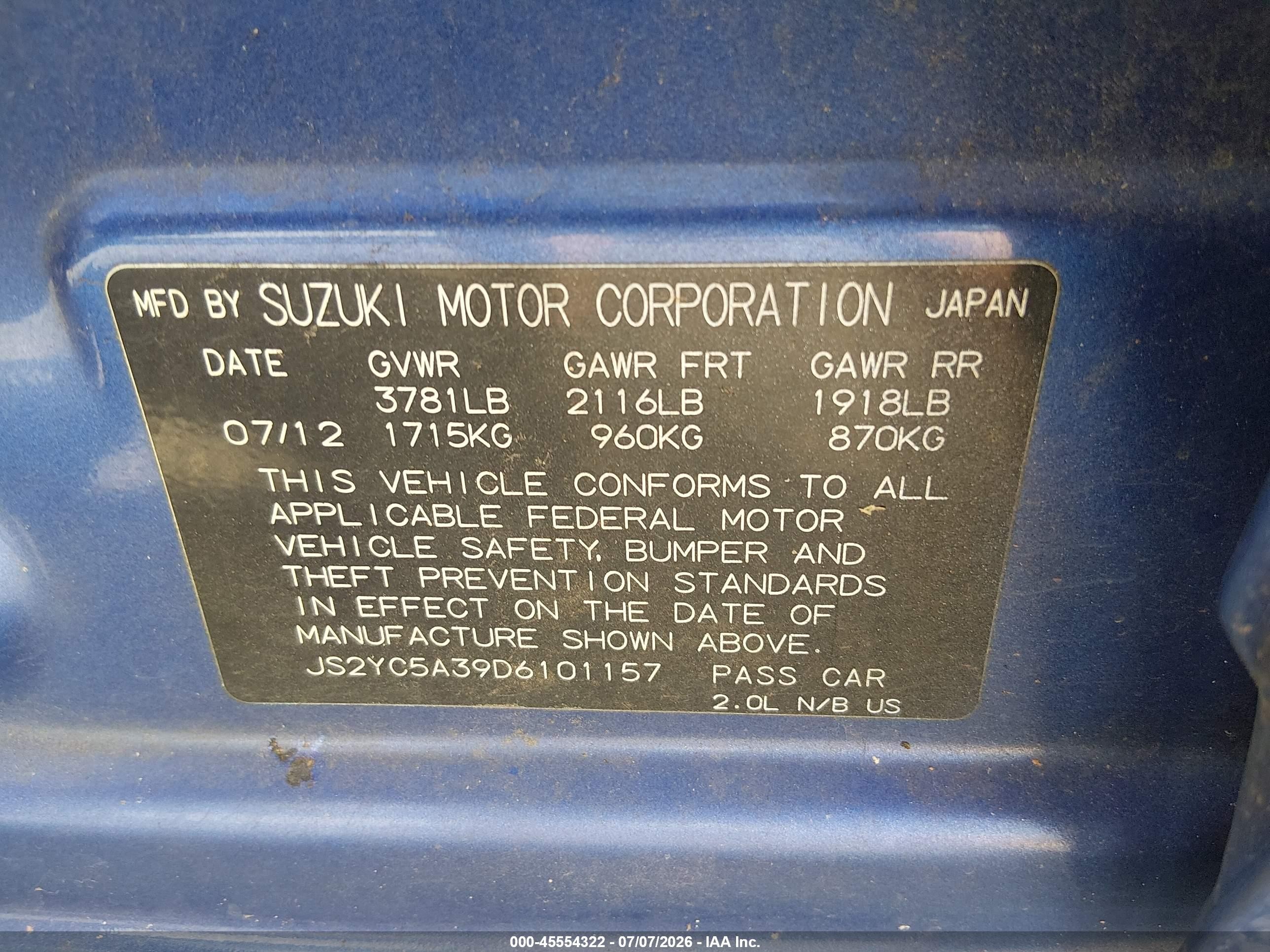 2013 Suzuki Sx4 Le/le Popular Blue vin: JS2YC5A39D6101157