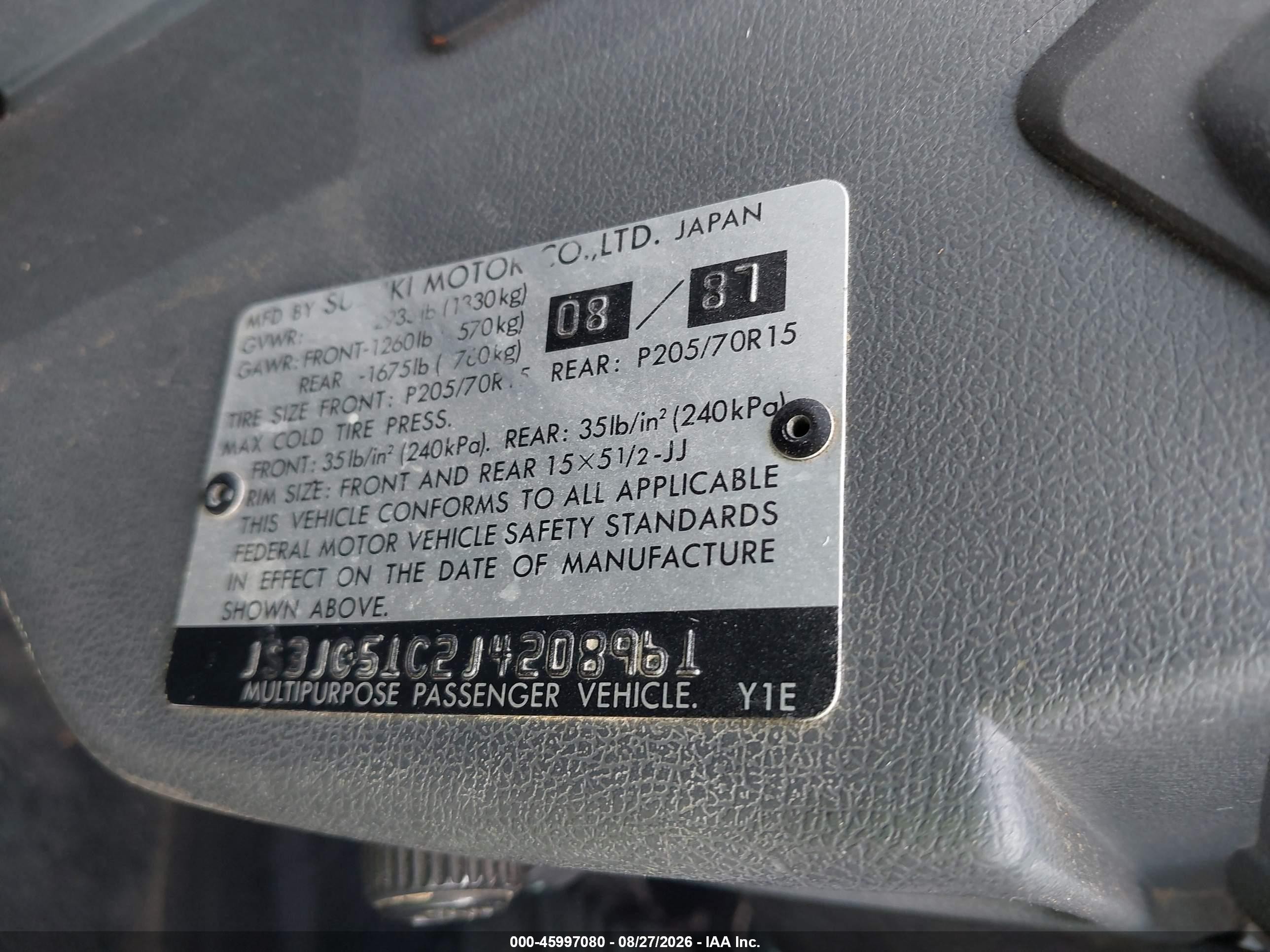 1988 Suzuki Samurai   Gray vin: JS3JC51C2J4208961
