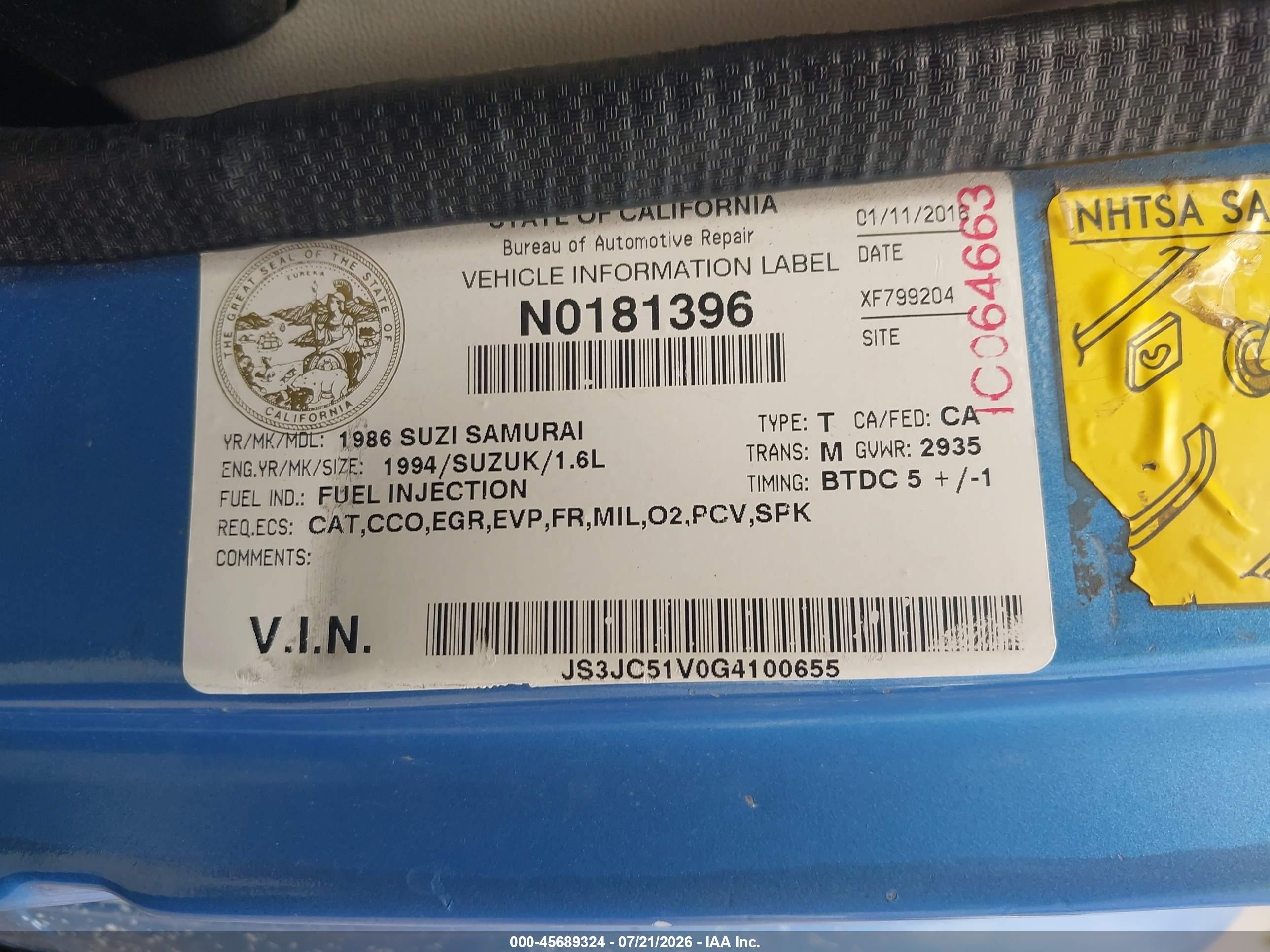 1986 Suzuki Samurai Blue vin: JS3JC51V0G4100655