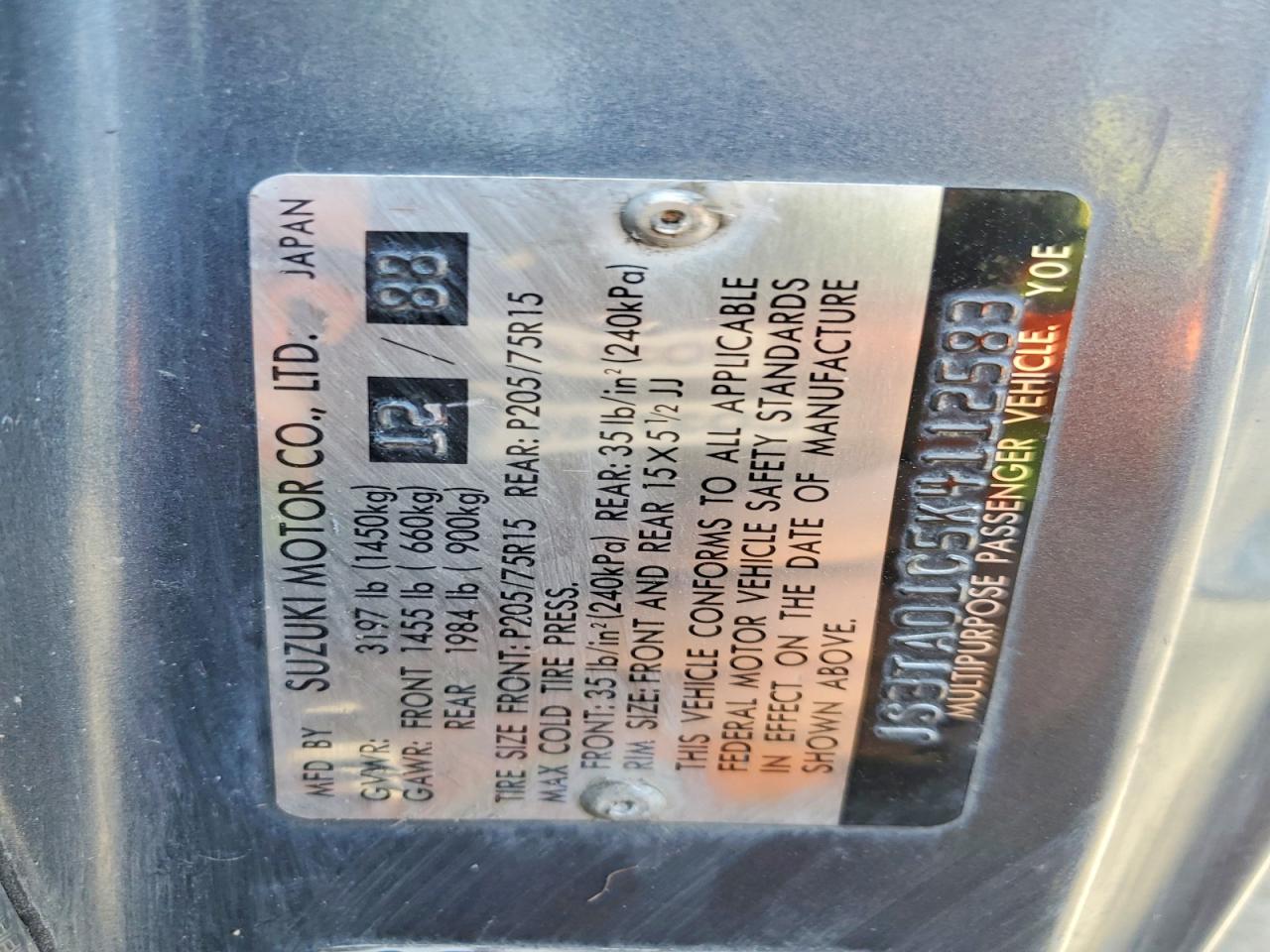 1989 Suzuki Sidekick Gray vin: JS3TA01C5K4112583