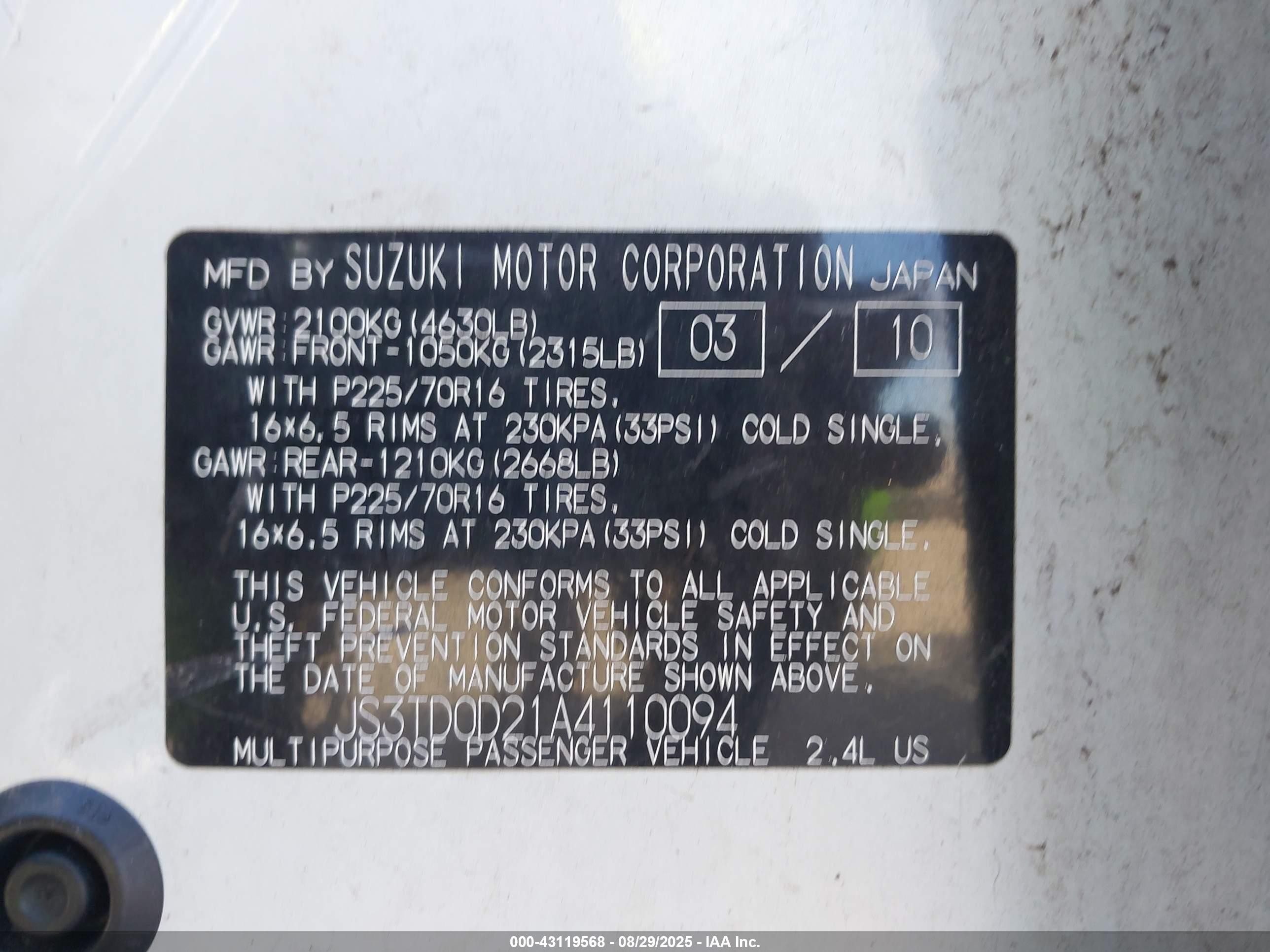 2010 Suzuki Grand Vitara Premium White vin: JS3TD0D21A4110094