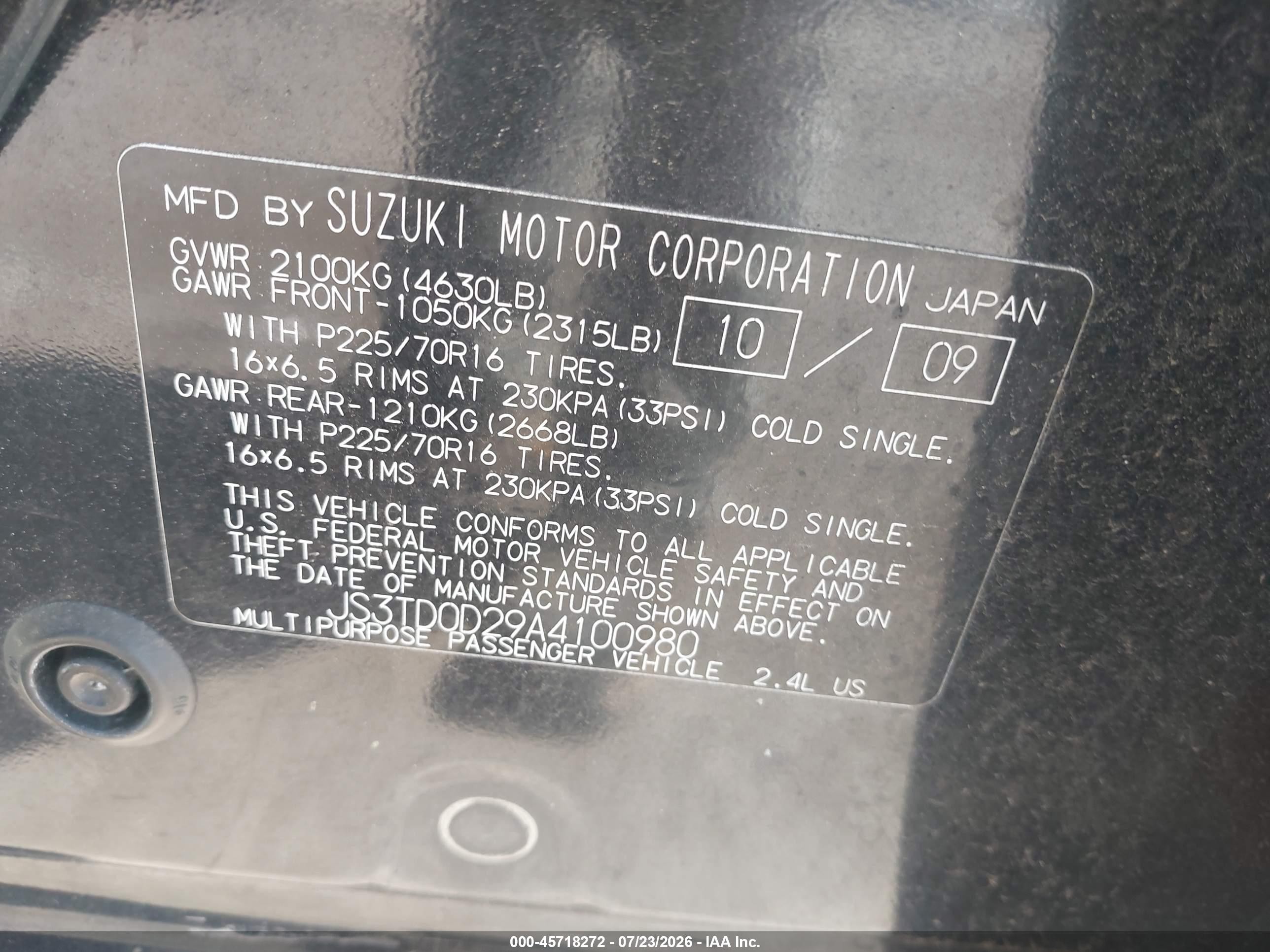 2010 Suzuki Grand Vitara Premium Black vin: JS3TD0D29A4100980