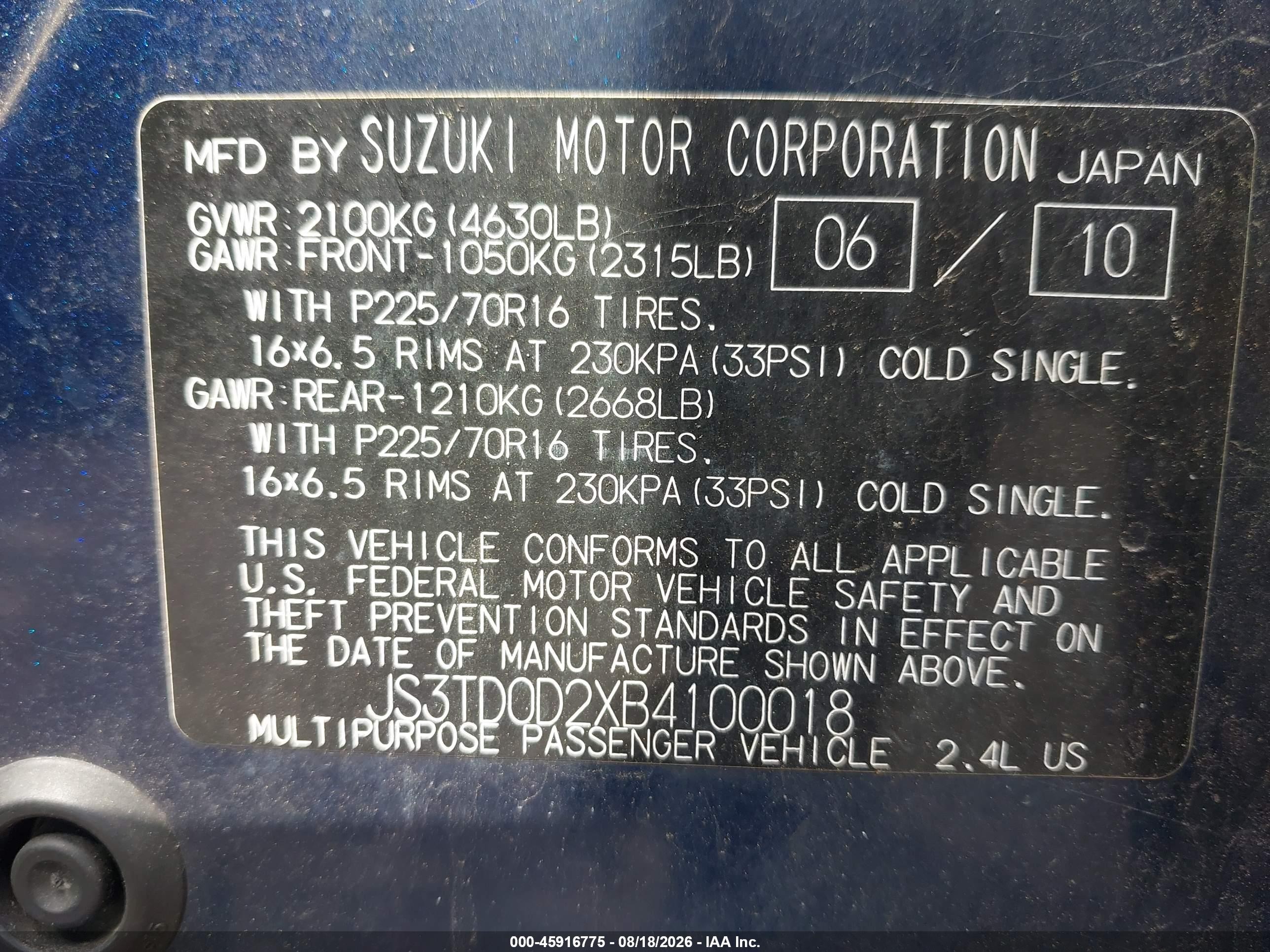 2011 Suzuki Grand Vitara Premium/premium W/alloy Wheels Blue vin: JS3TD0D2XB4100018