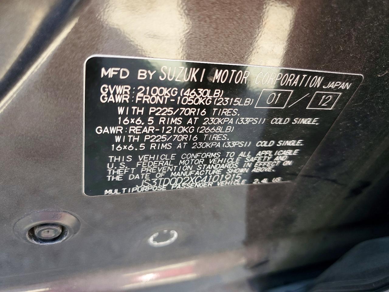2012 Suzuki Grand Vitara Premium Gray vin: JS3TD0D2XC4101915