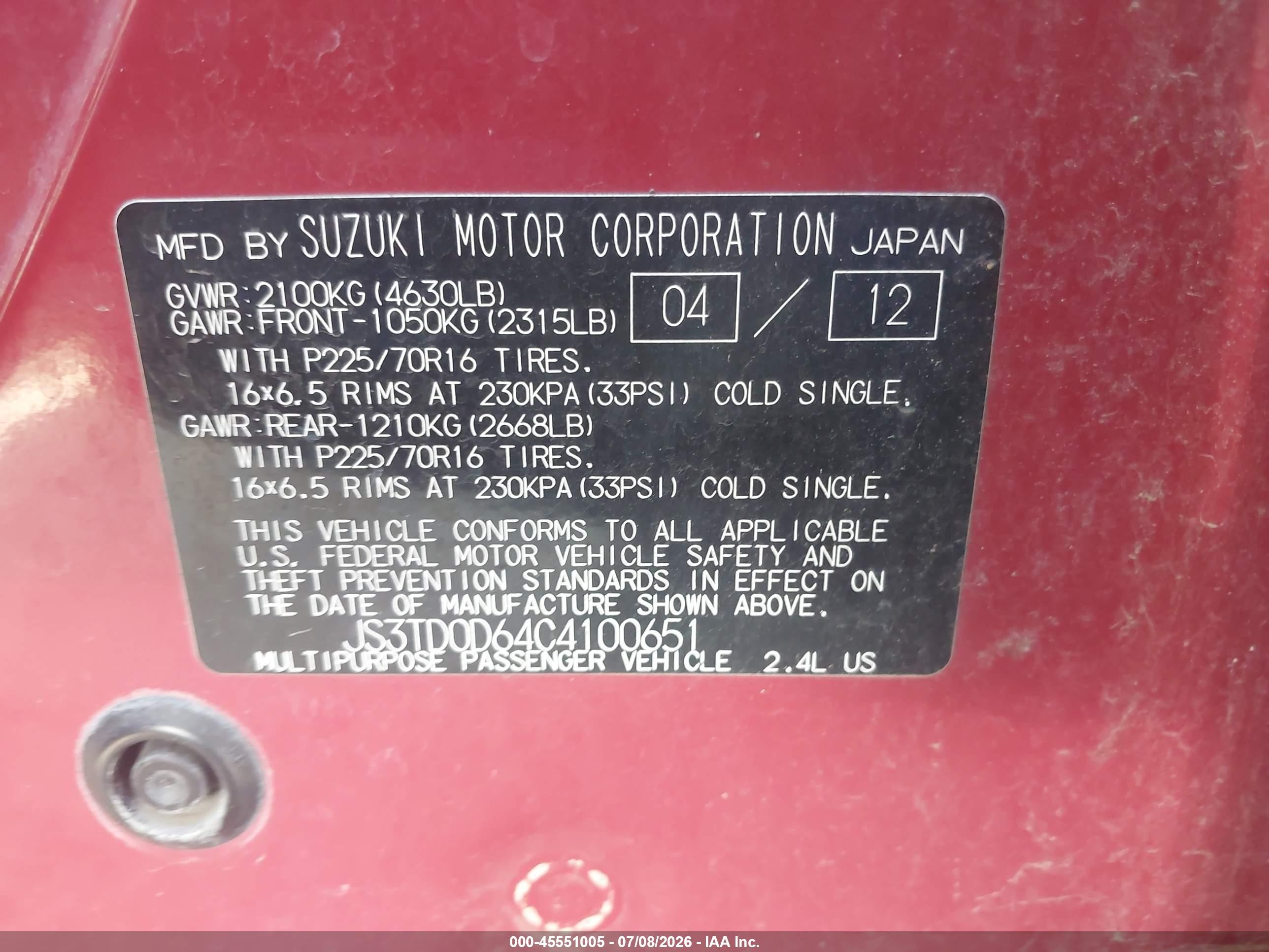 2012 Suzuki Grand Vitara Premium Red vin: JS3TD0D64C4100651