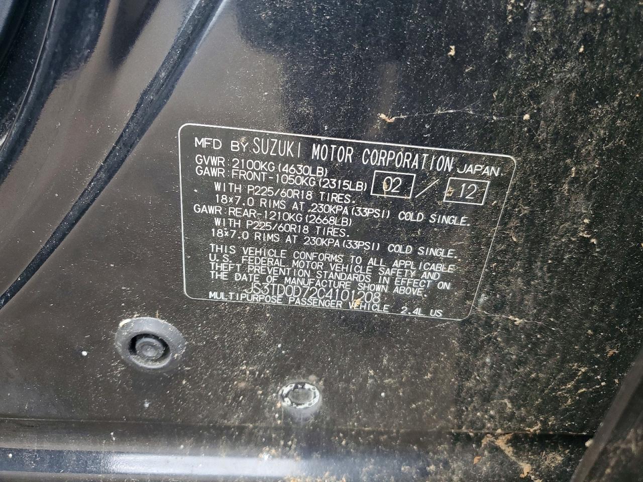 2012 Suzuki Grand Vitara Jlx Charcoal vin: JS3TD0D72C4101208