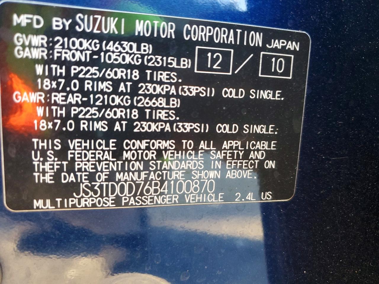 2011 Suzuki Grand Vitara Jlx Blue vin: JS3TD0D76B4100870