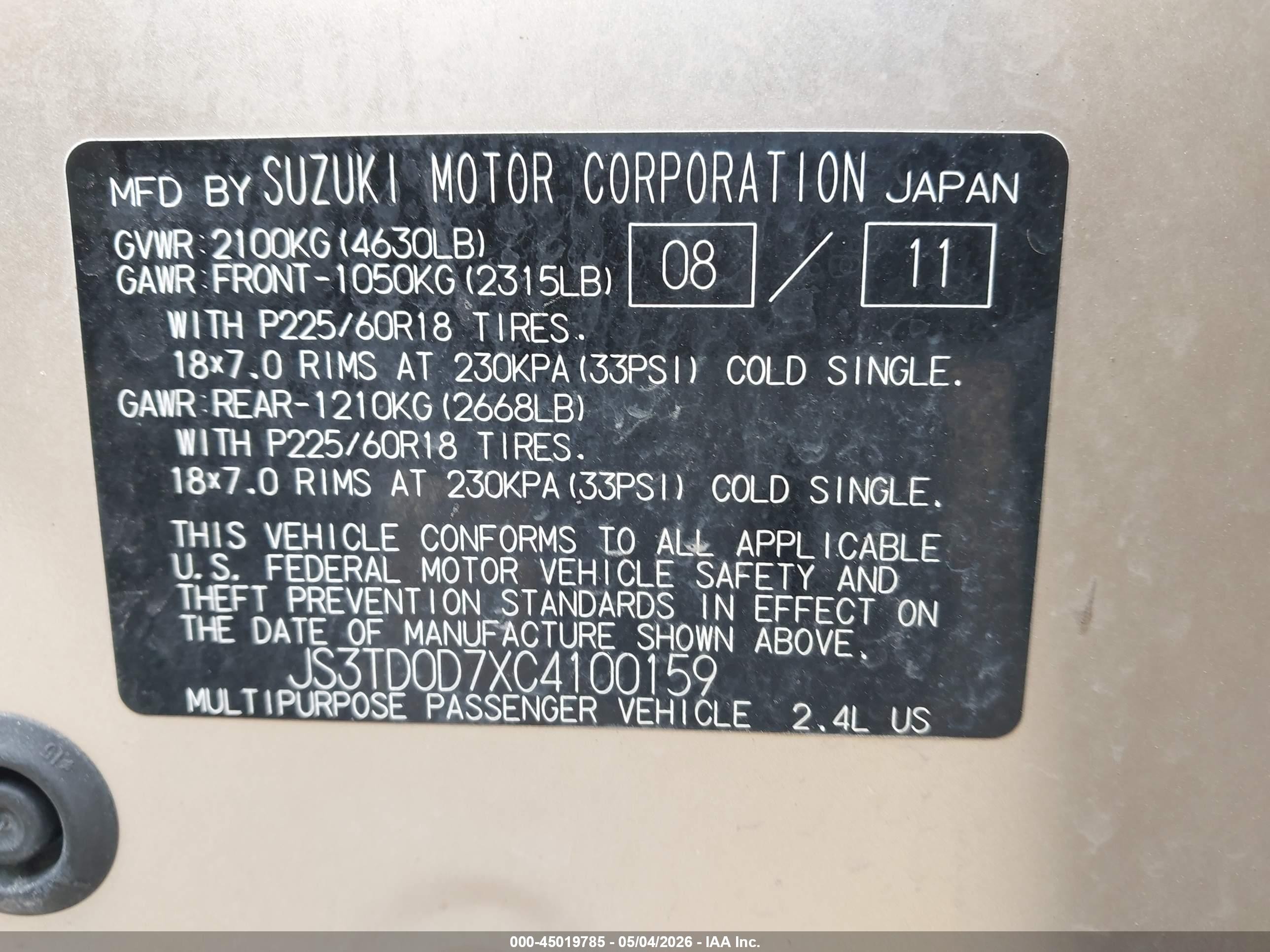 2012 Suzuki Grand Vitara Limited Gold vin: JS3TD0D7XC4100159