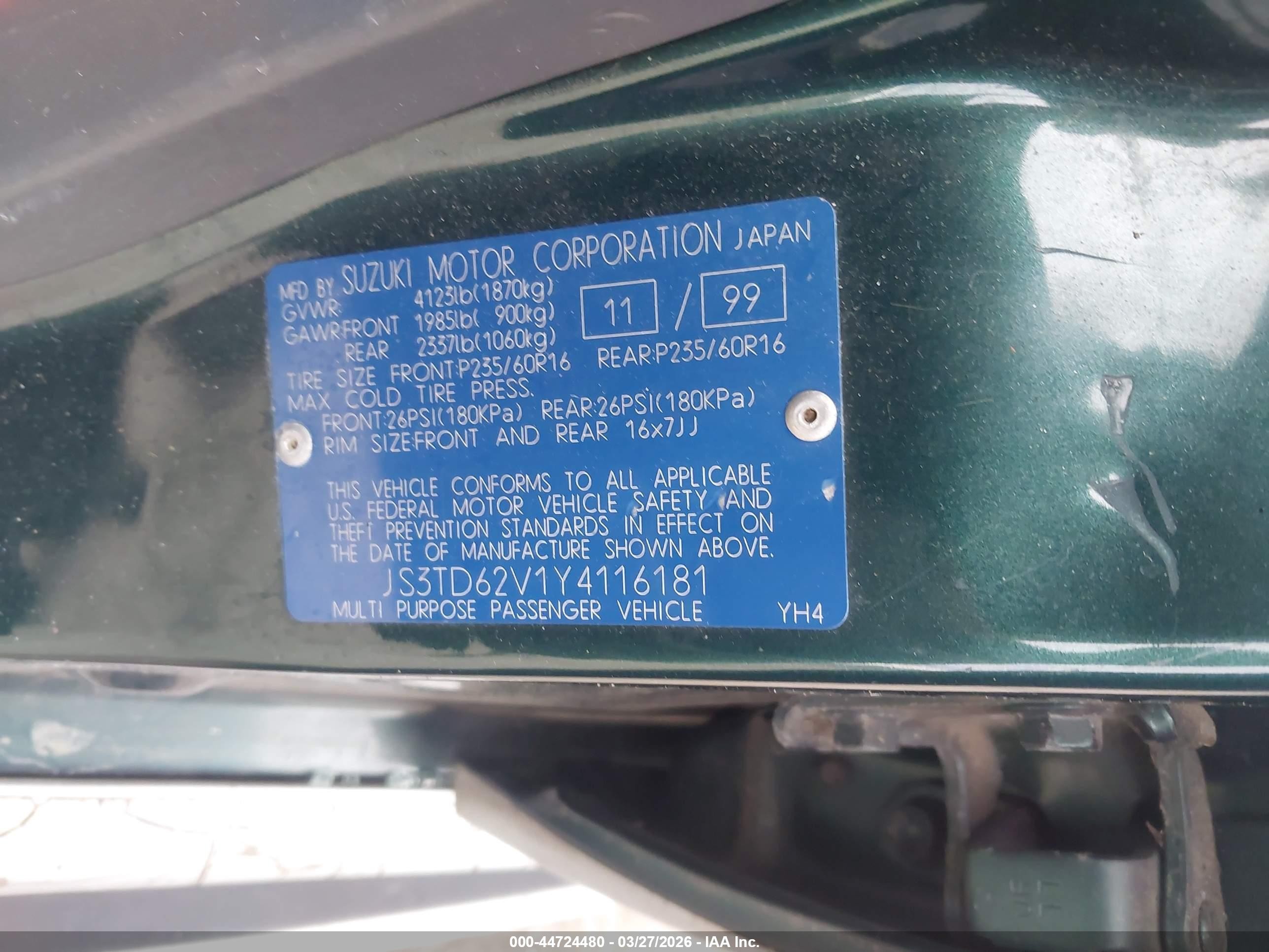 2000 Suzuki Grand Vitara Jlx/jlx+/limited Green vin: JS3TD62V1Y4116181