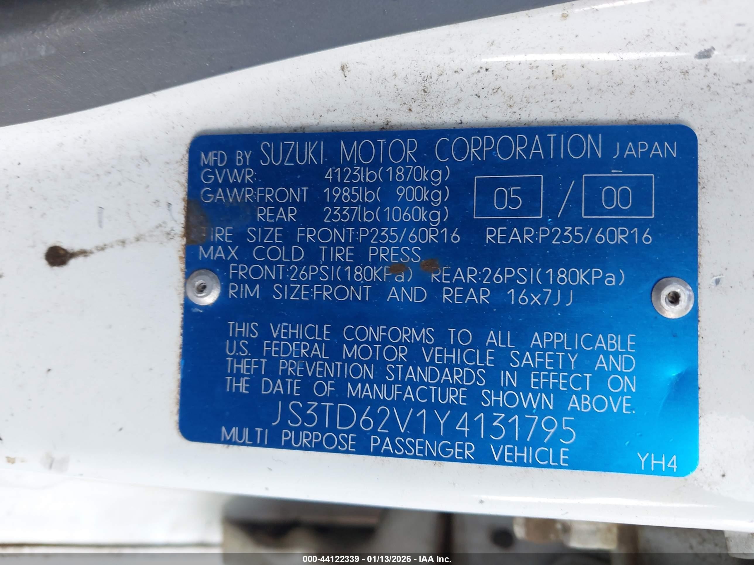 2000 Suzuki Grand Vitara Jlx/jlx+/limited White vin: JS3TD62V1Y4131795