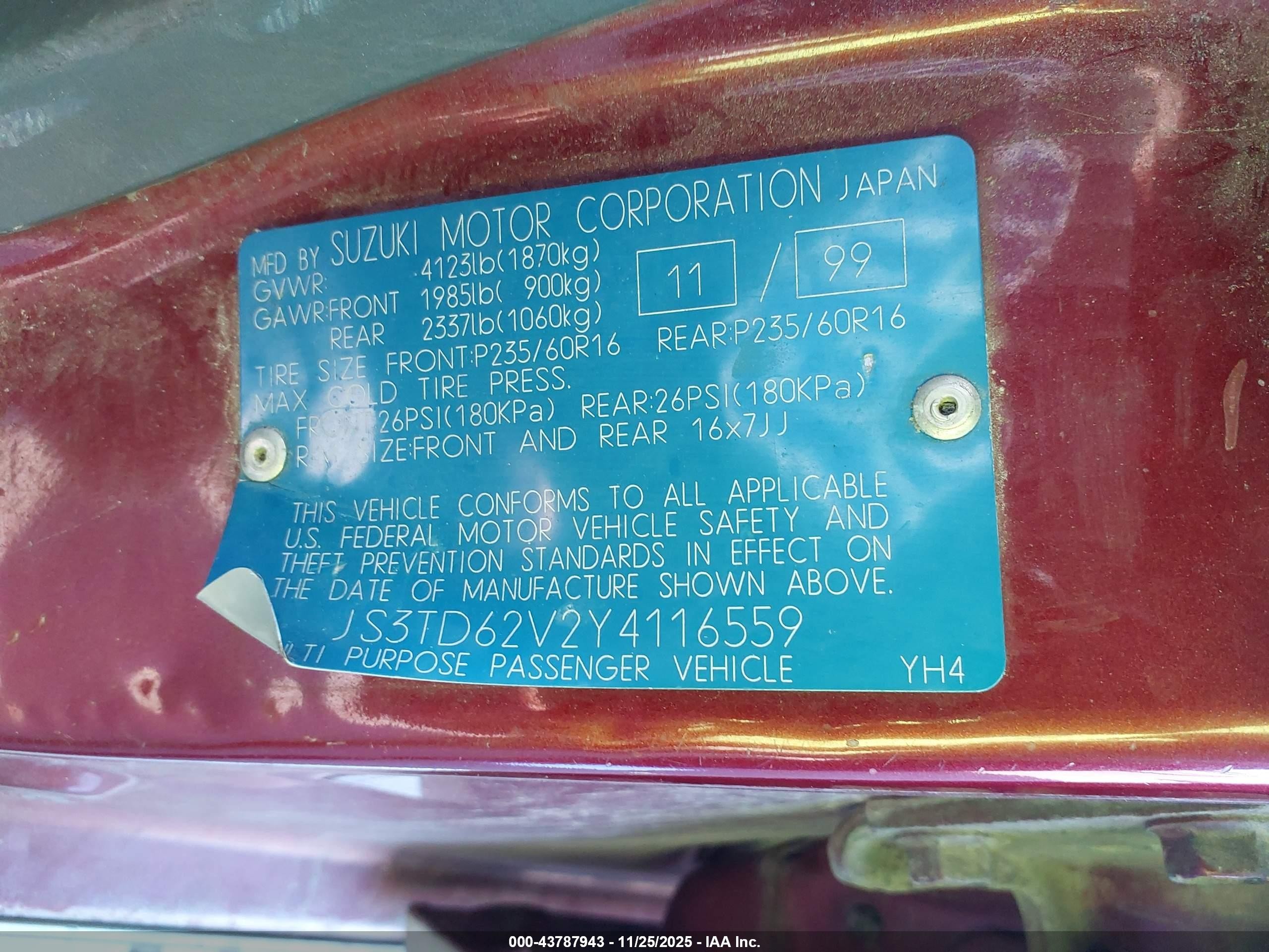 2000 Suzuki Grand Vitara Jlx/jlx+/limited Red vin: JS3TD62V2Y4116559