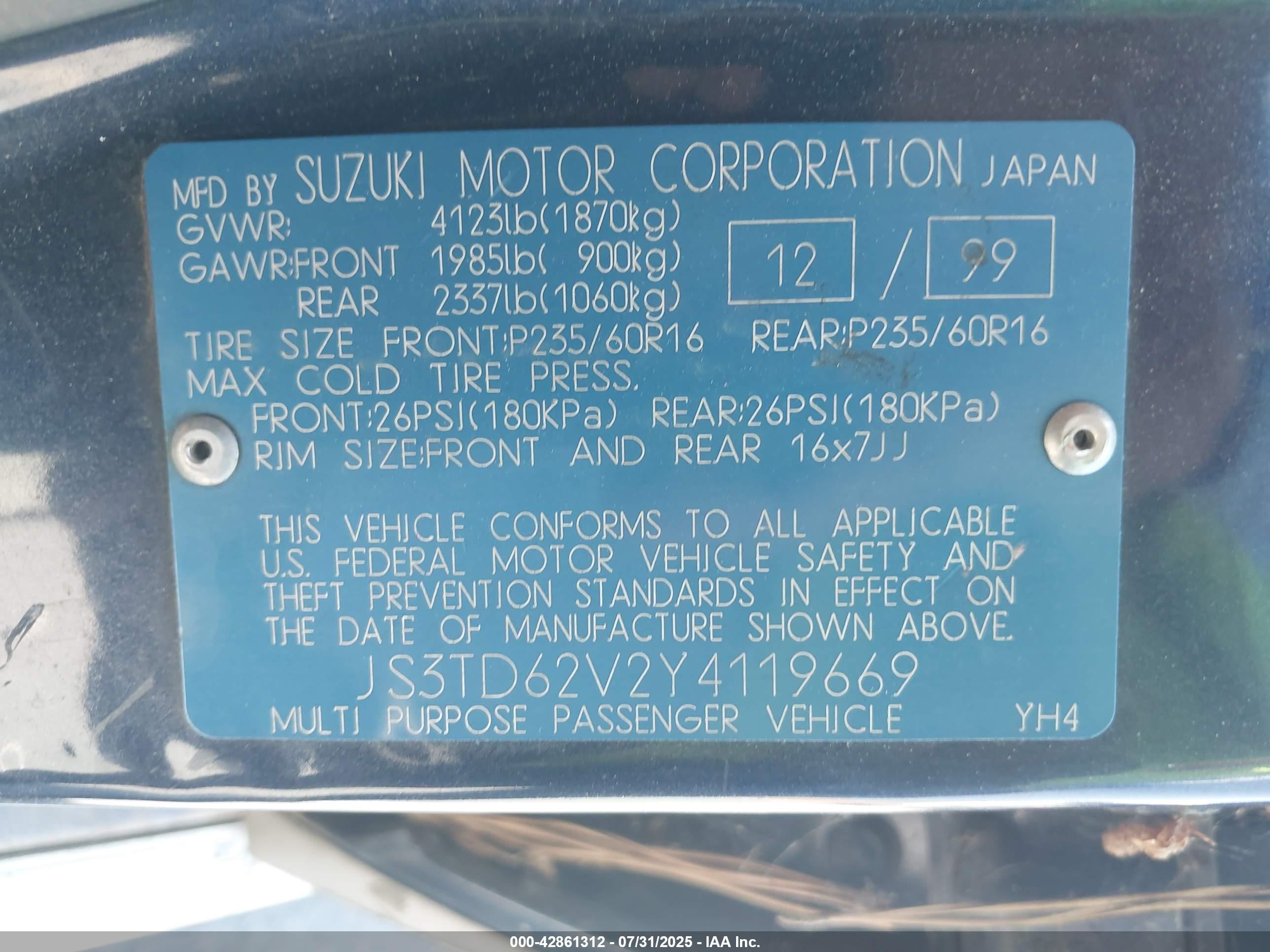 2000 Suzuki Grand Vitara Jlx/jlx+/limited Dark Blue vin: JS3TD62V2Y4119669