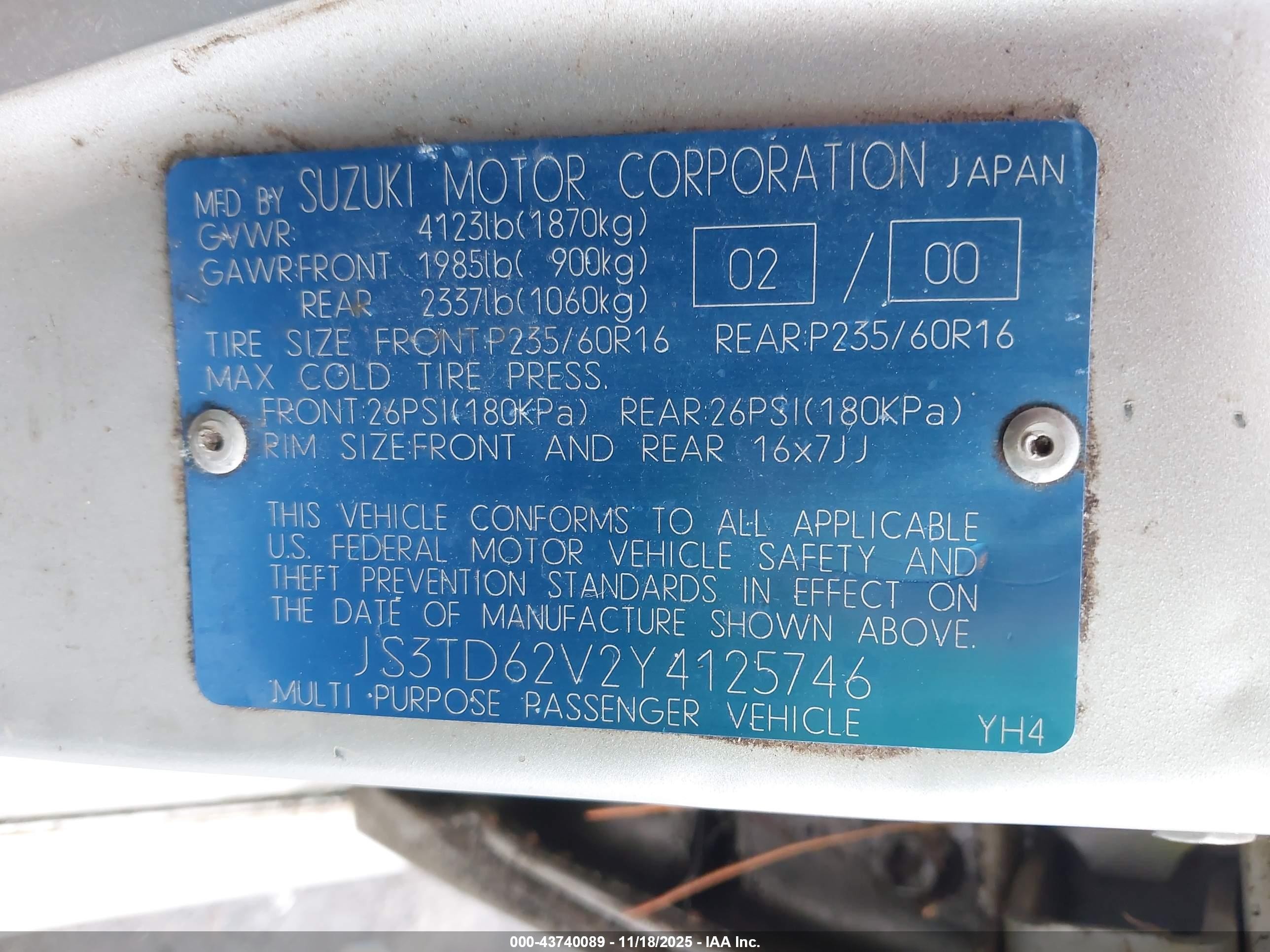 2000 Suzuki Grand Vitara Jlx/jlx+/limited Silver vin: JS3TD62V2Y4125746