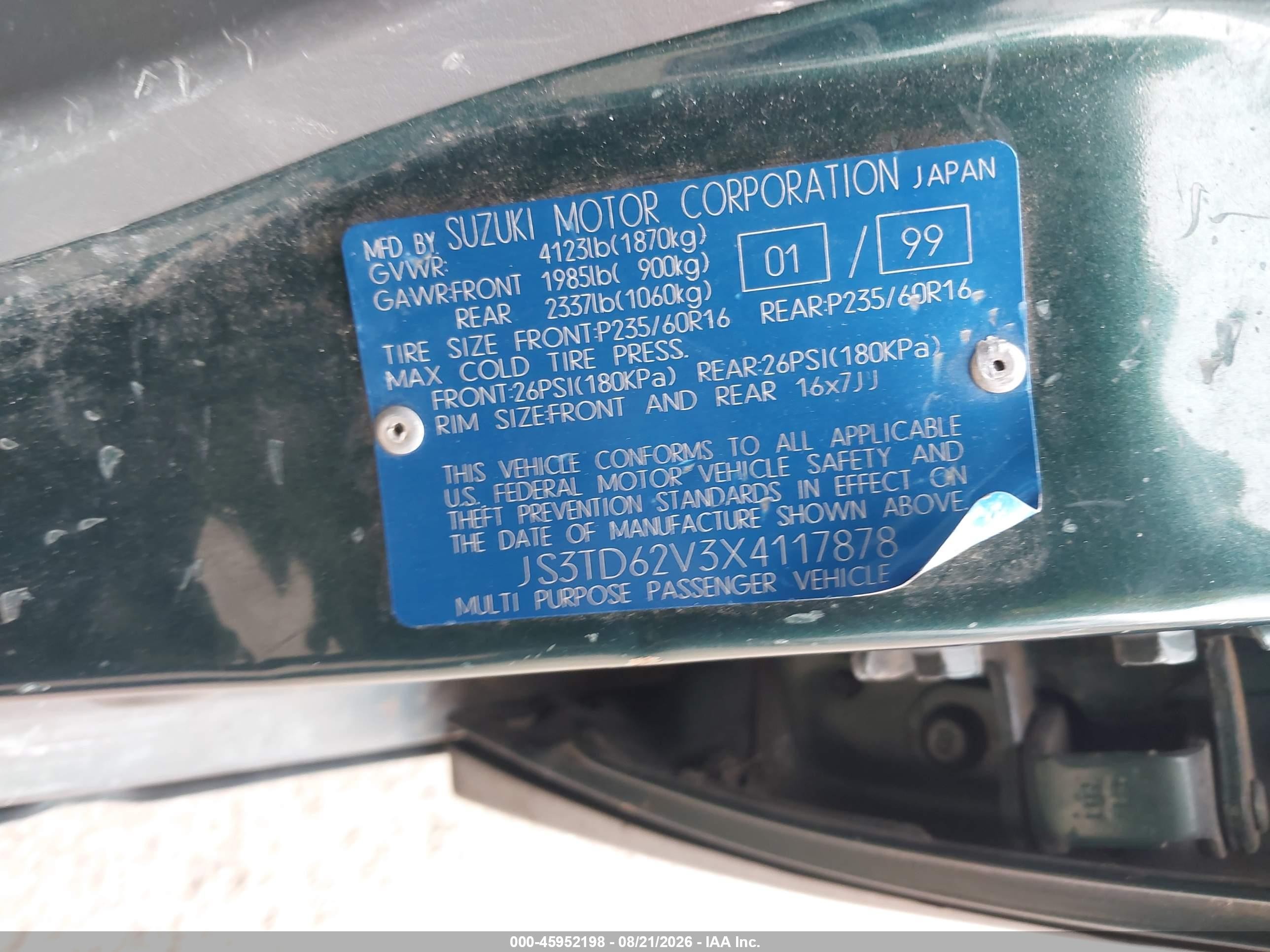 1999 Suzuki Grand Vitara Jlx/jlx+ Green vin: JS3TD62V3X4117878