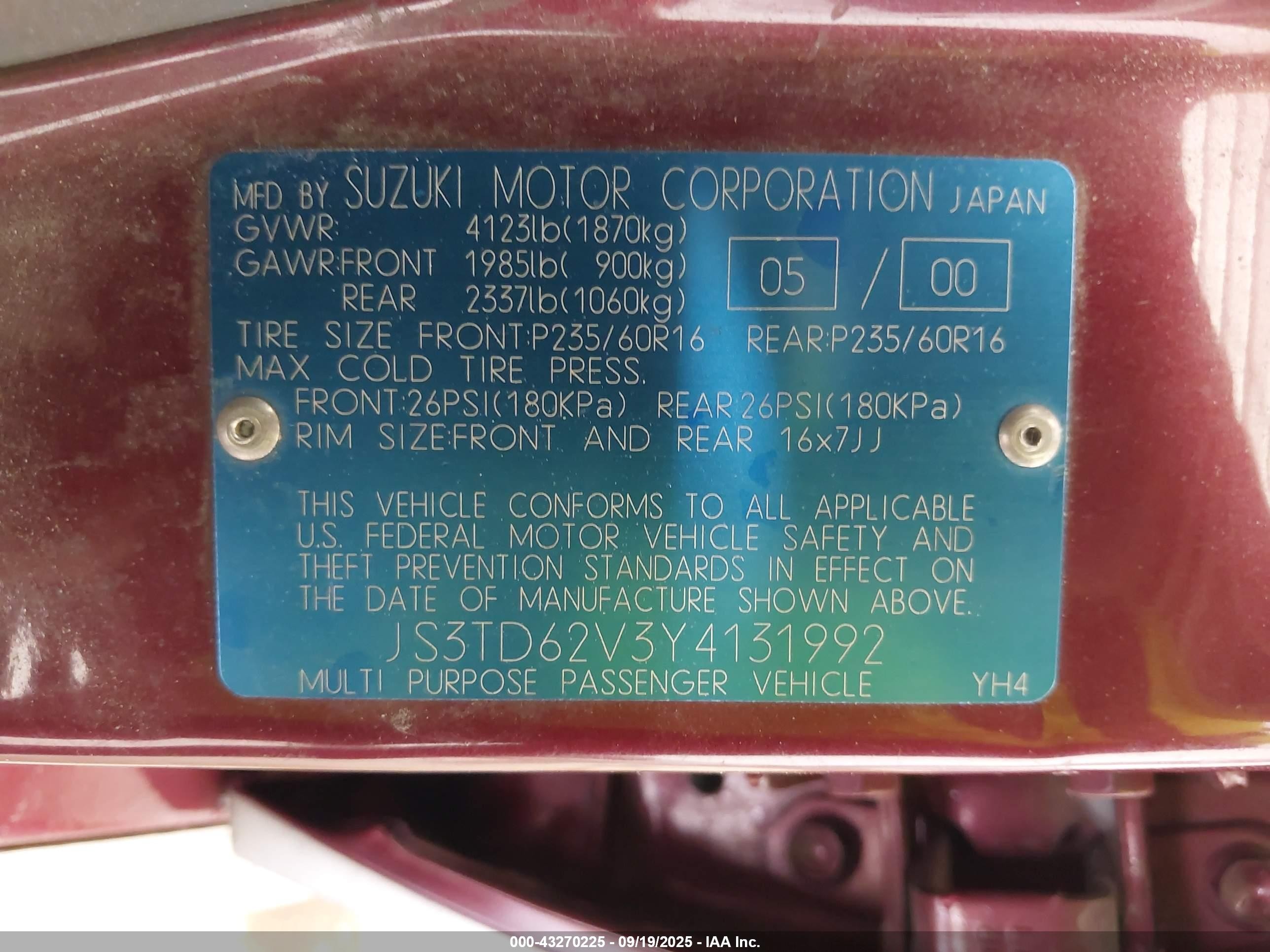 2000 Suzuki Grand Vitara Jlx/jlx+/limited Red vin: JS3TD62V3Y4131992
