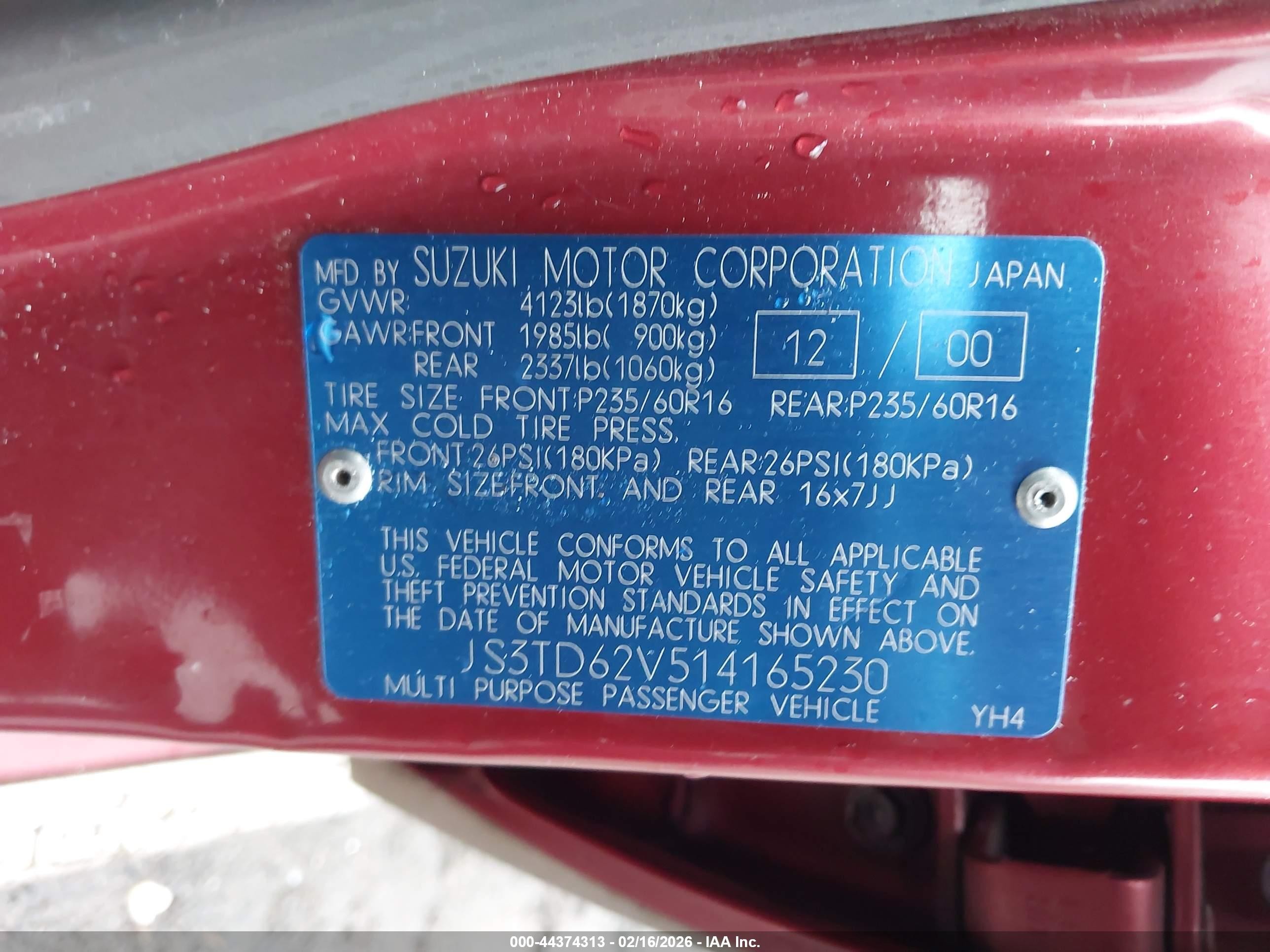 2001 Suzuki Grand Vitara Jlx/jlx+/limited Red vin: JS3TD62V514165230