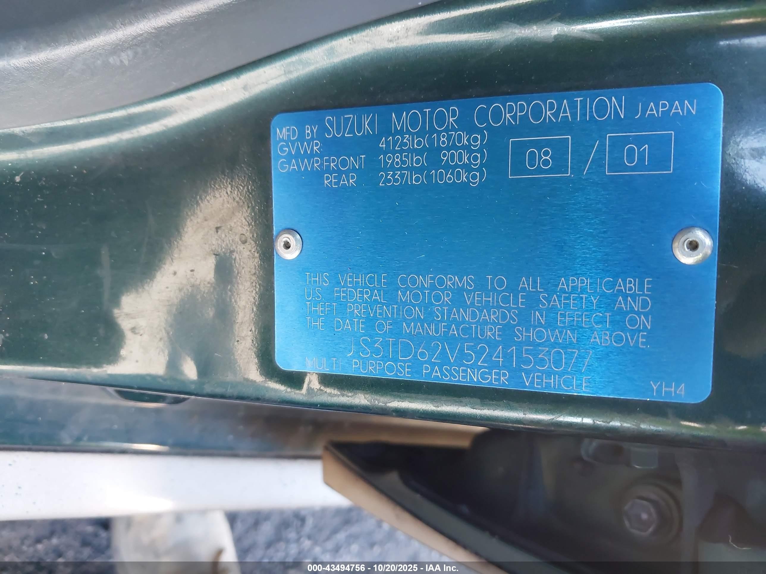2002 Suzuki Grand Vitara Jlx/limited Green vin: JS3TD62V524153077