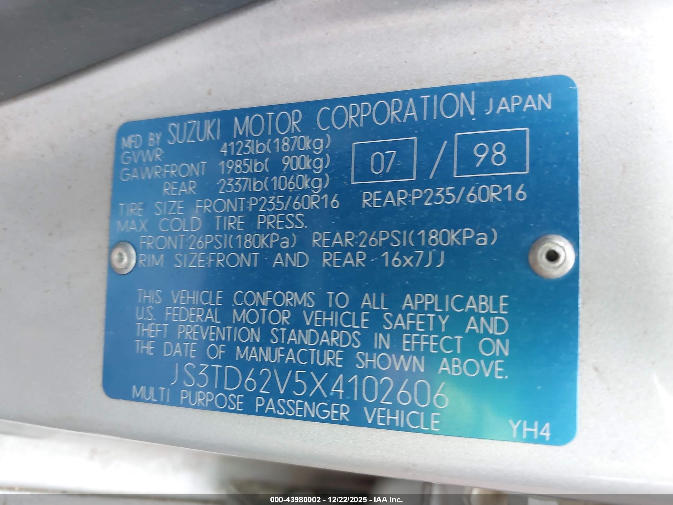 1999 Suzuki Grand Vitara Jlx/jlx+ Silver vin: JS3TD62V5X4102606