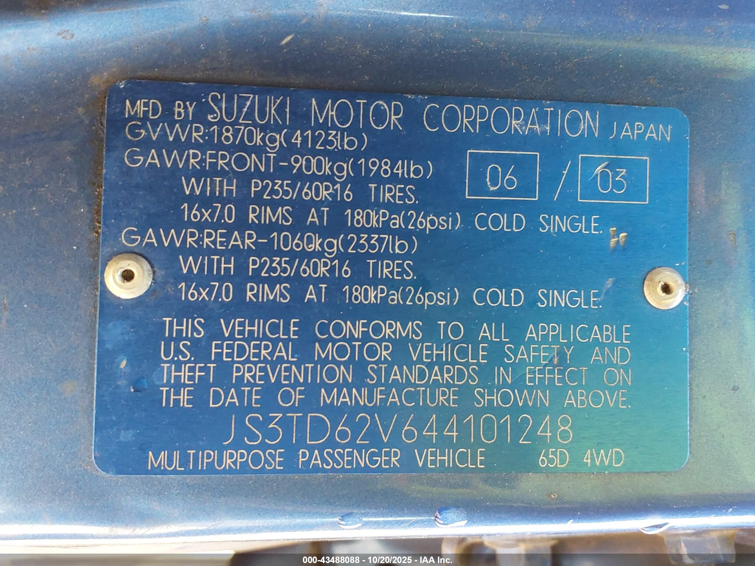 2004 Suzuki Grand Vitara Ex/lx Blue vin: JS3TD62V644101248