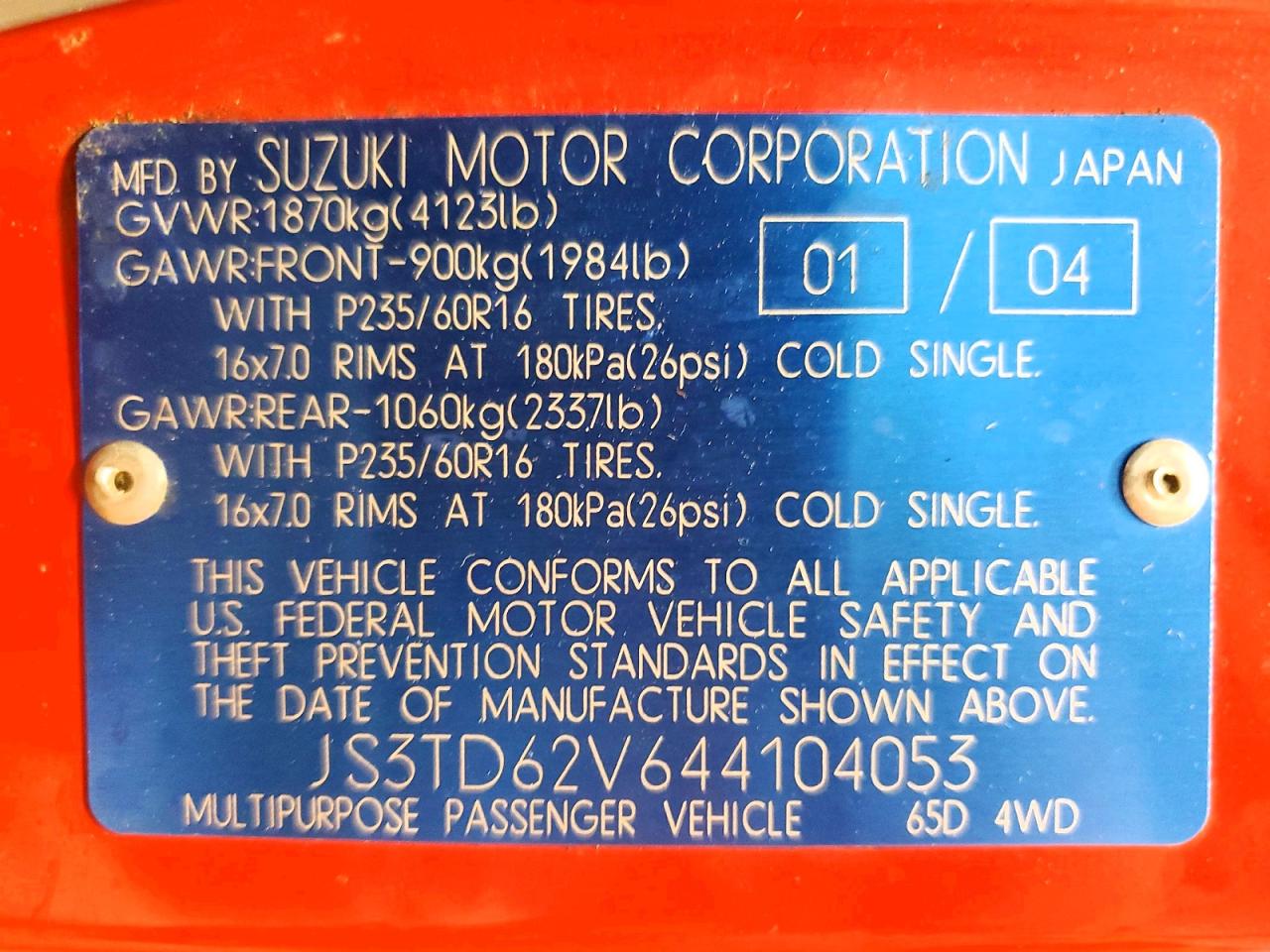 2004 Suzuki Grand Vitara Lx Red vin: JS3TD62V644104053