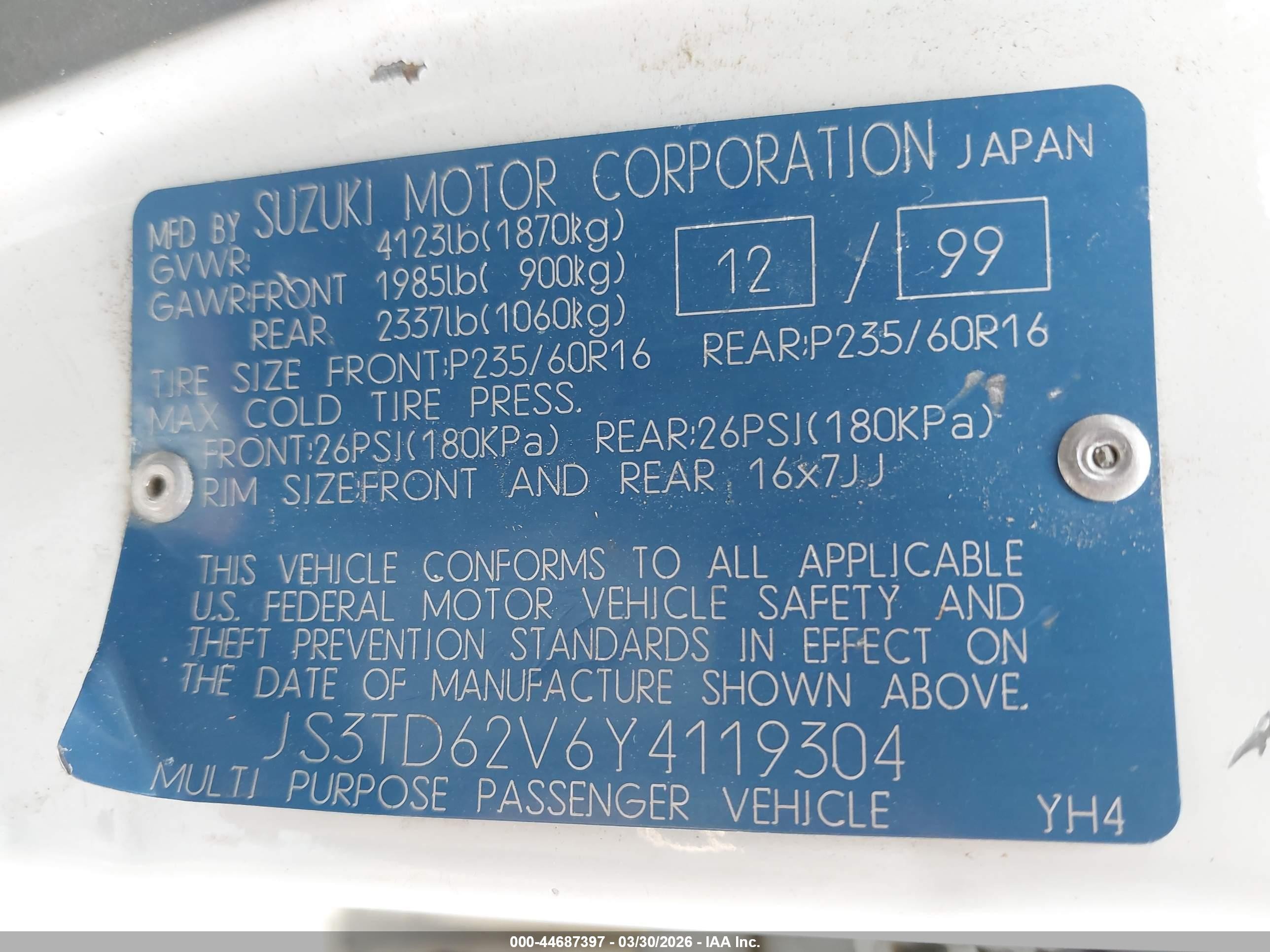 2000 Suzuki Grand Vitara Jlx/jlx+/limited White vin: JS3TD62V6Y4119304