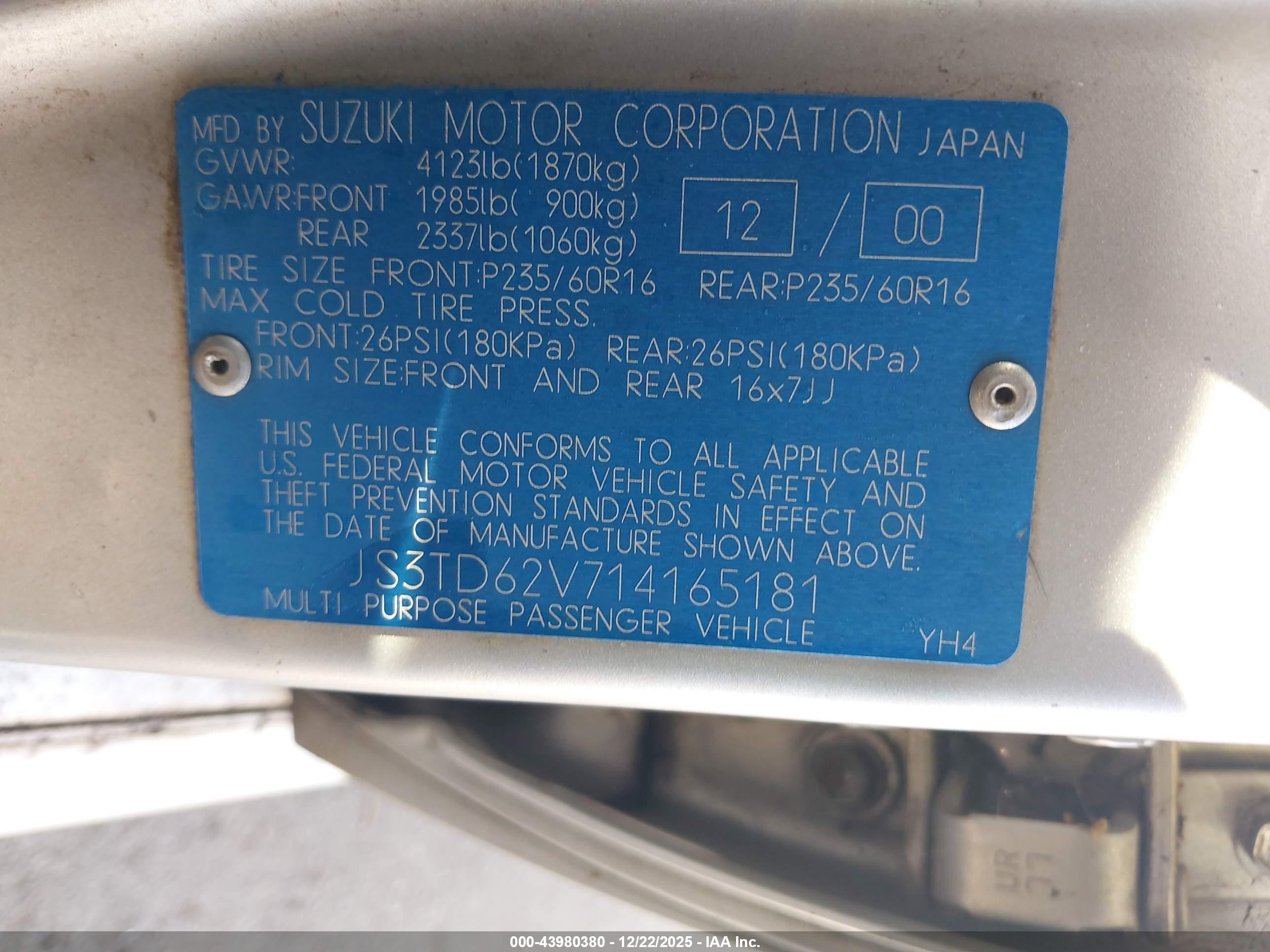 2001 Suzuki Grand Vitara Jlx/jlx+/limited Silver vin: JS3TD62V714165181
