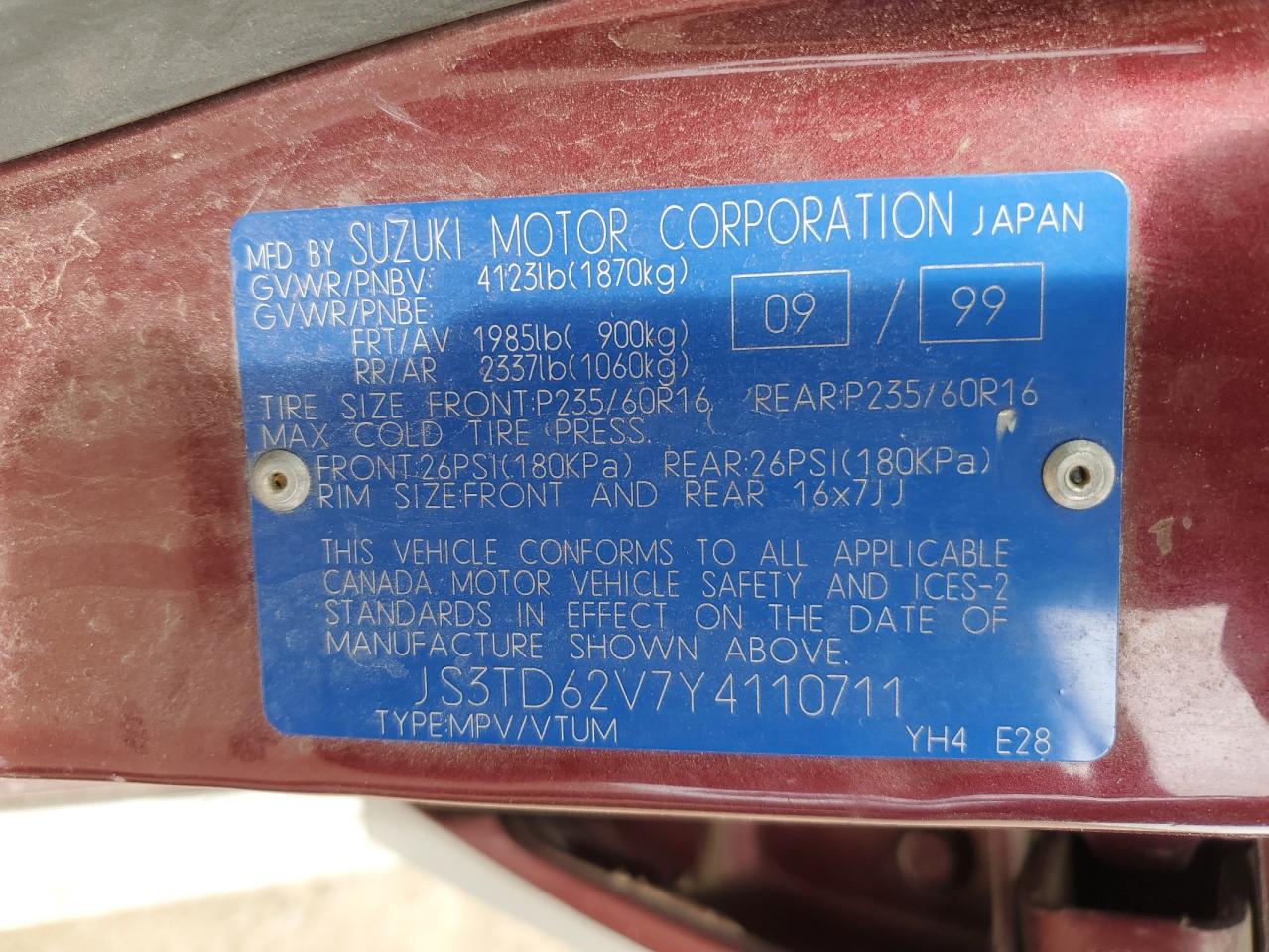 2000 Suzuki Grand Vitara Jlx Limited Red vin: JS3TD62V7Y4110711