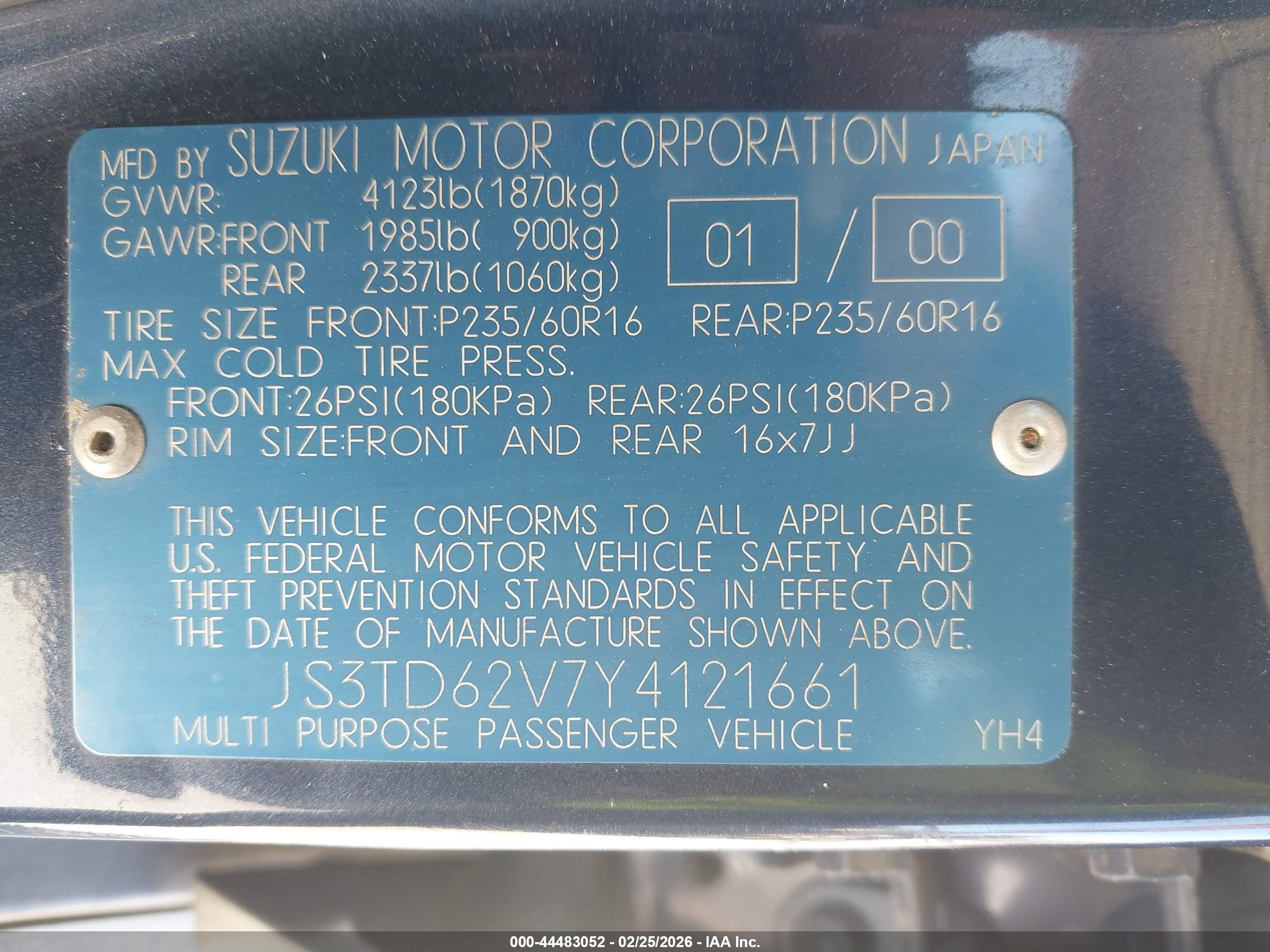 2000 Suzuki Grand Vitara Jlx/jlx+/limited Blue vin: JS3TD62V7Y4121661