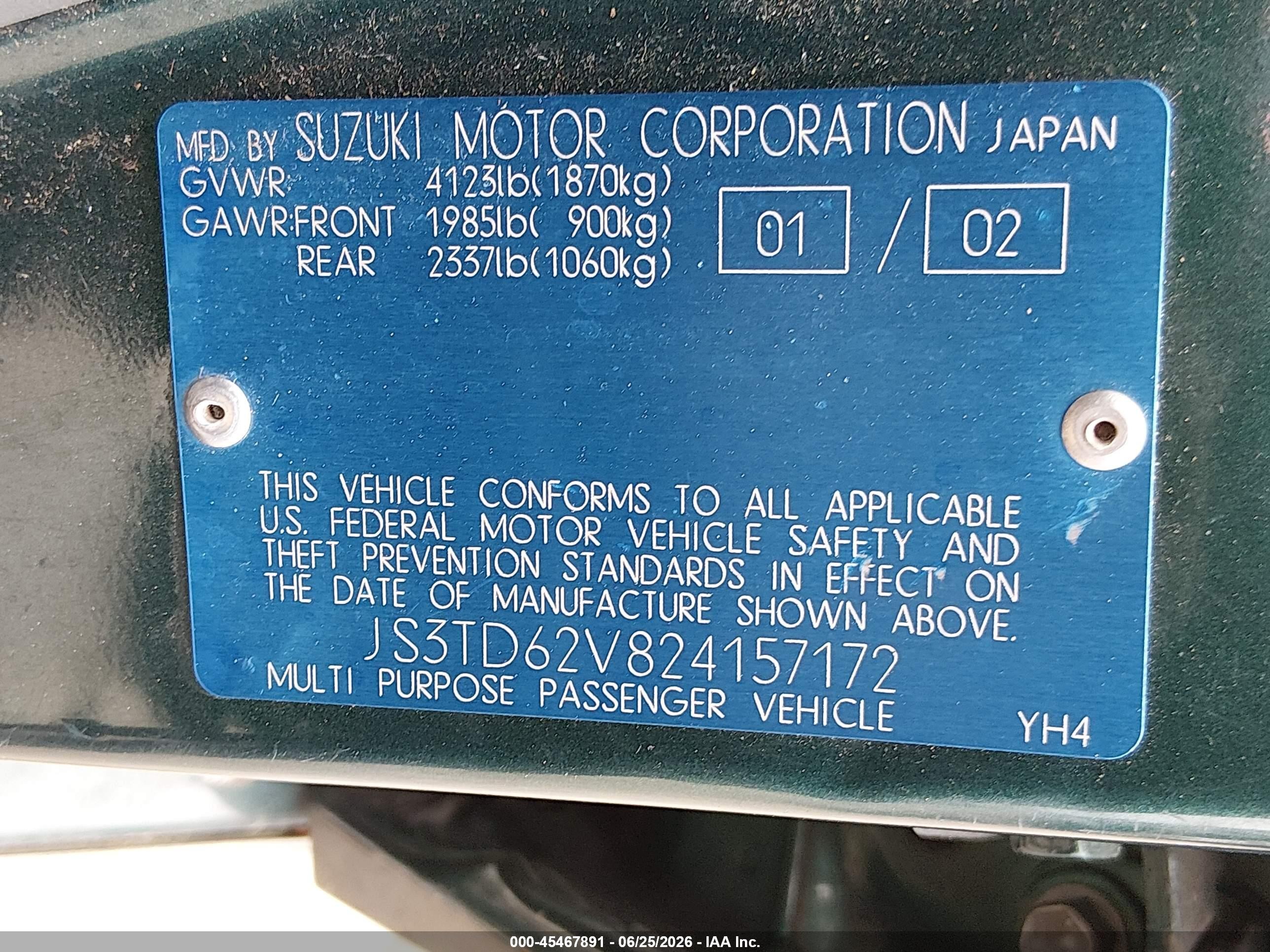 2002 Suzuki Grand Vitara Jlx/limited Green vin: JS3TD62V824157172