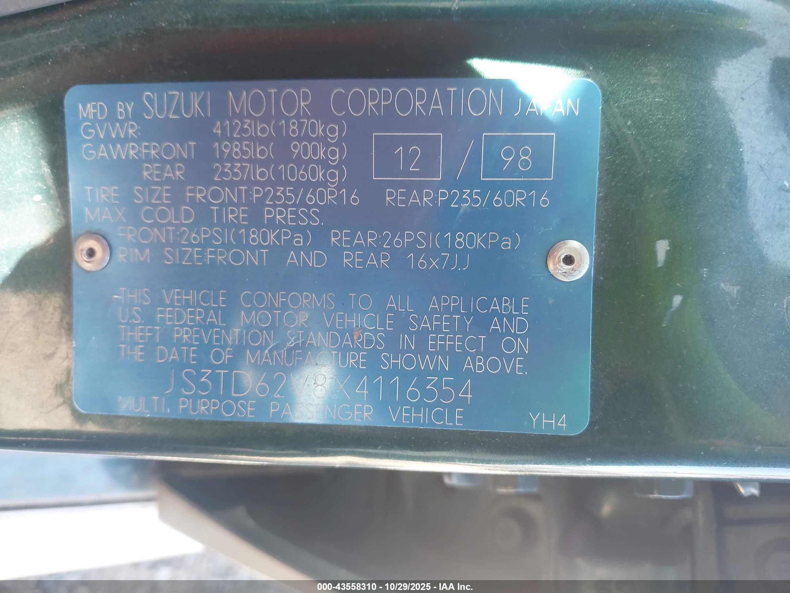 1999 Suzuki Grand Vitara Jlx/jlx+ Green vin: JS3TD62V8X4116354