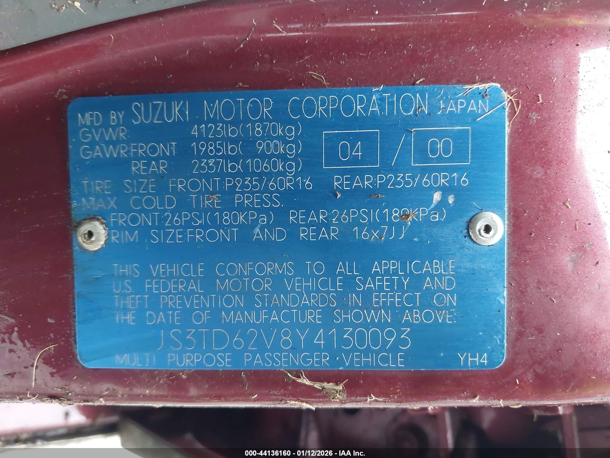 2000 Suzuki Grand Vitara Jlx/jlx+/limited Maroon vin: JS3TD62V8Y4130093