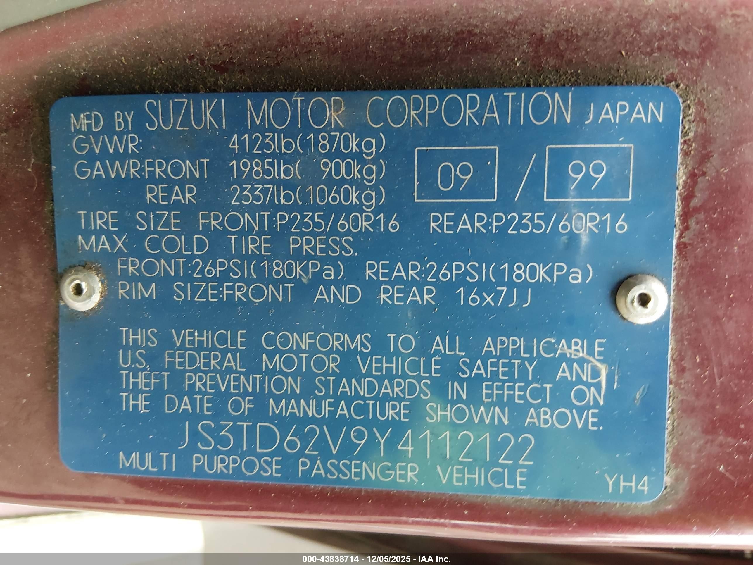 2000 Suzuki Grand Vitara Jlx/jlx+/limited Burgundy vin: JS3TD62V9Y4112122