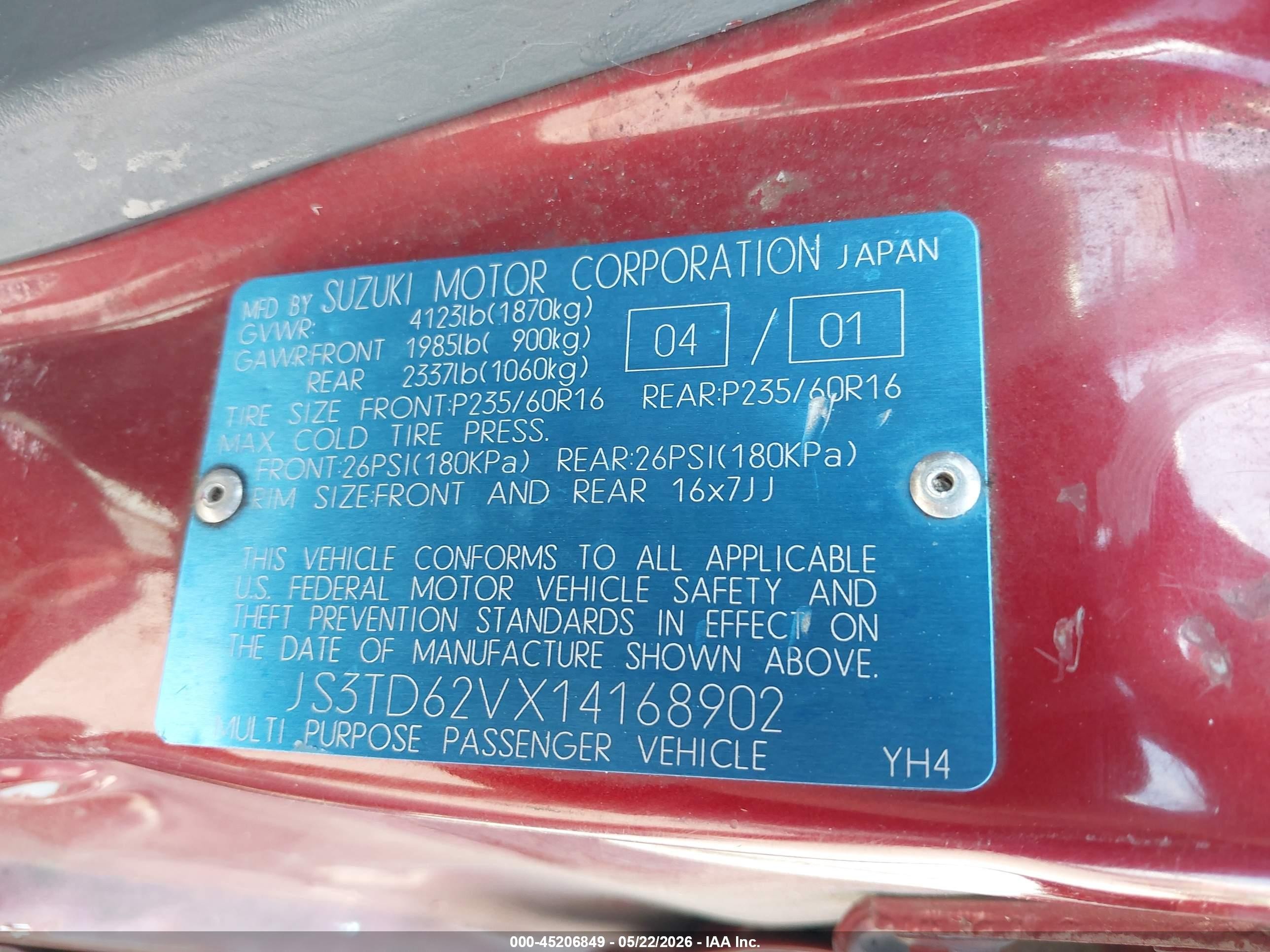 2001 Suzuki Grand Vitara Jlx/jlx+/limited Red vin: JS3TD62VX14168902