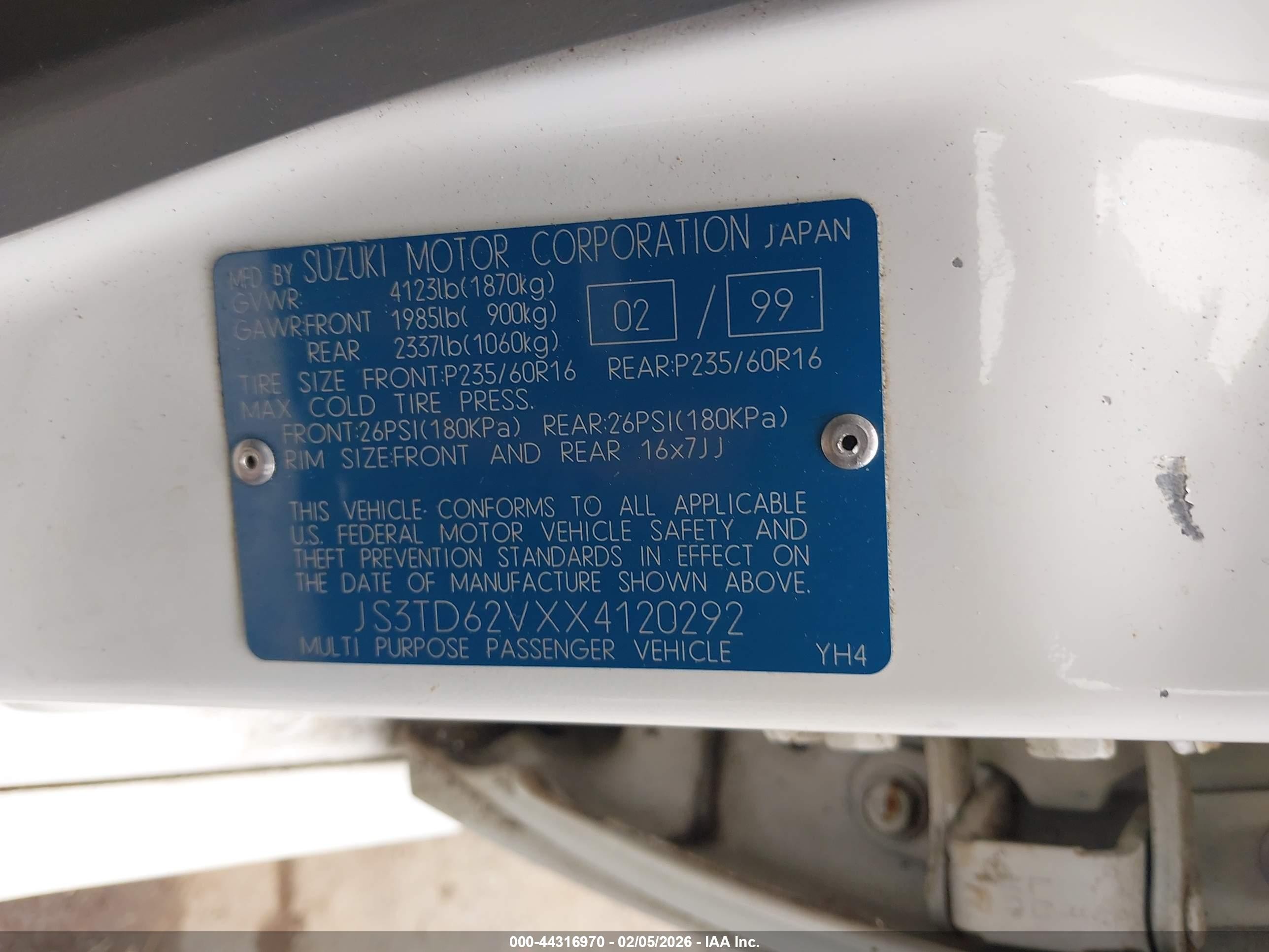 1999 Suzuki Grand Vitara Jlx/jlx+ White vin: JS3TD62VXX4120292