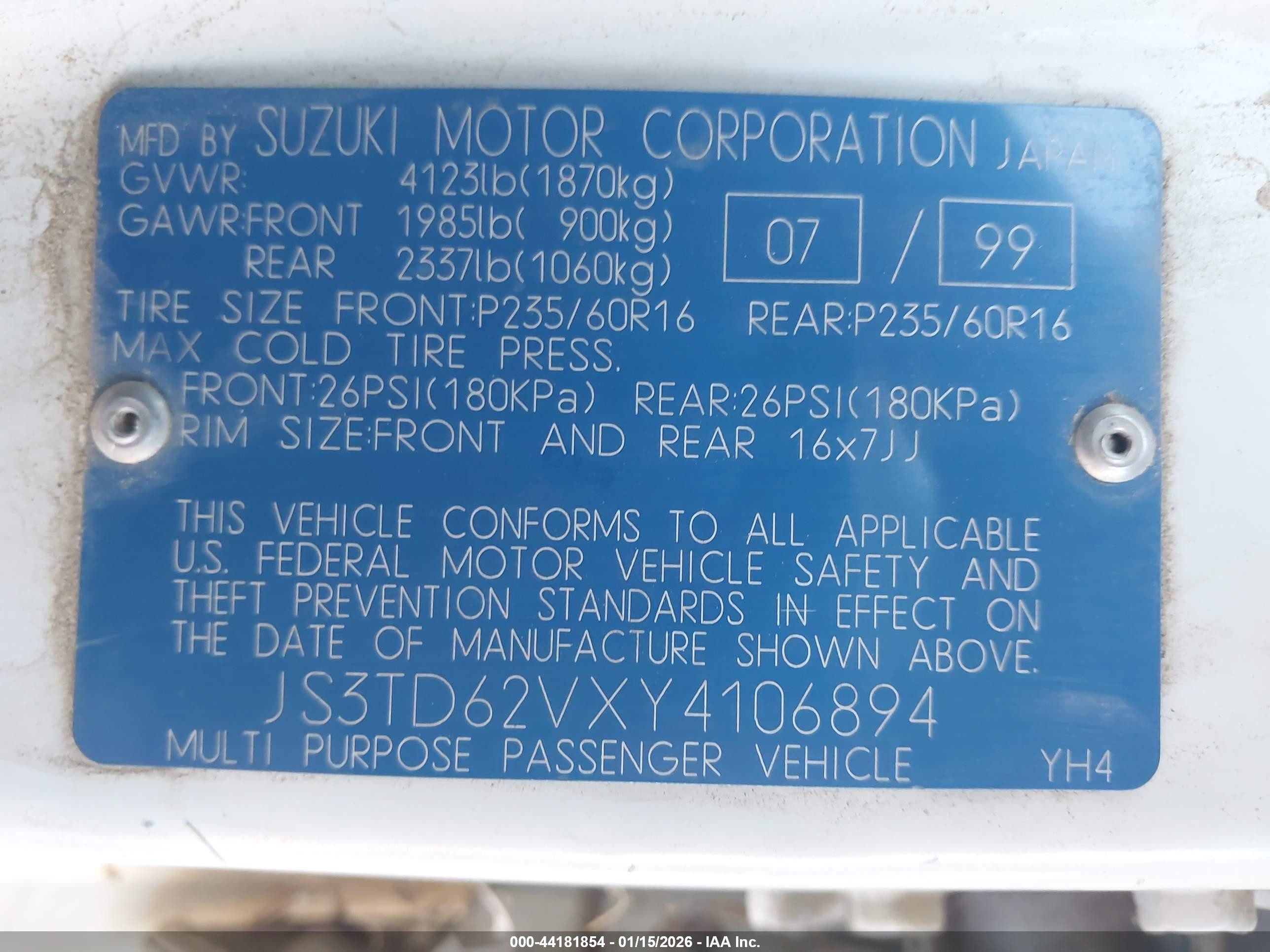 2000 Suzuki Grand Vitara Jlx/jlx+/limited White vin: JS3TD62VXY4106894