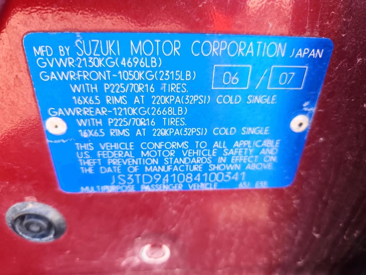 2008 Suzuki Grand Vitara Red vin: JS3TD941084100341