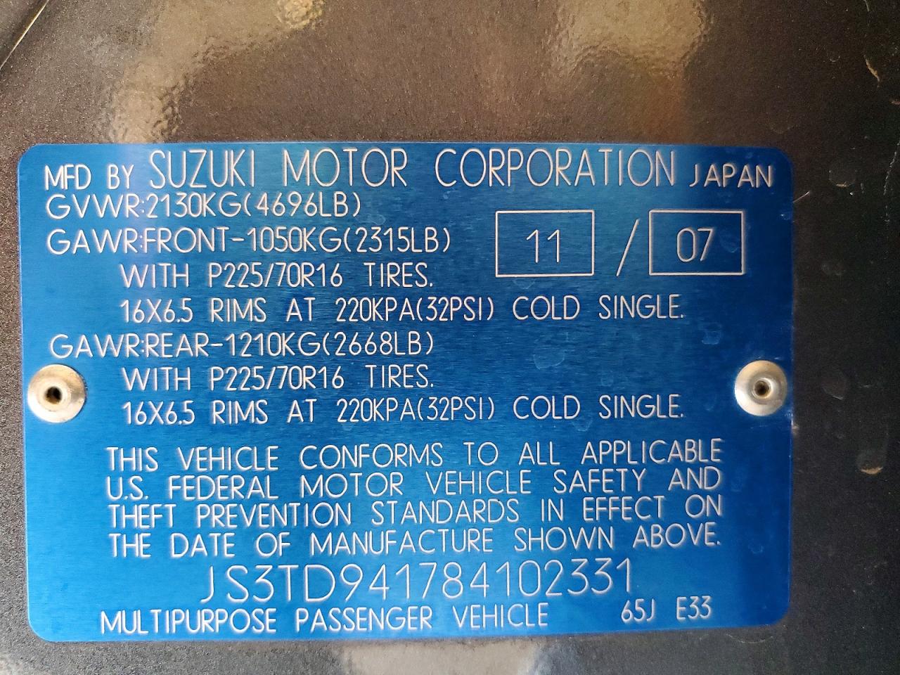 2008 Suzuki Grand Vitara Blue vin: JS3TD941784102331