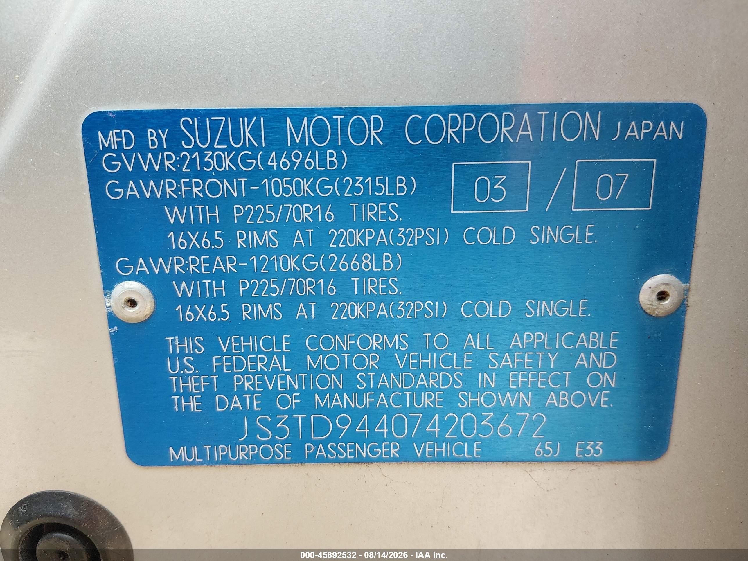 2007 Suzuki Grand Vitara Xsport Silver vin: JS3TD944074203672